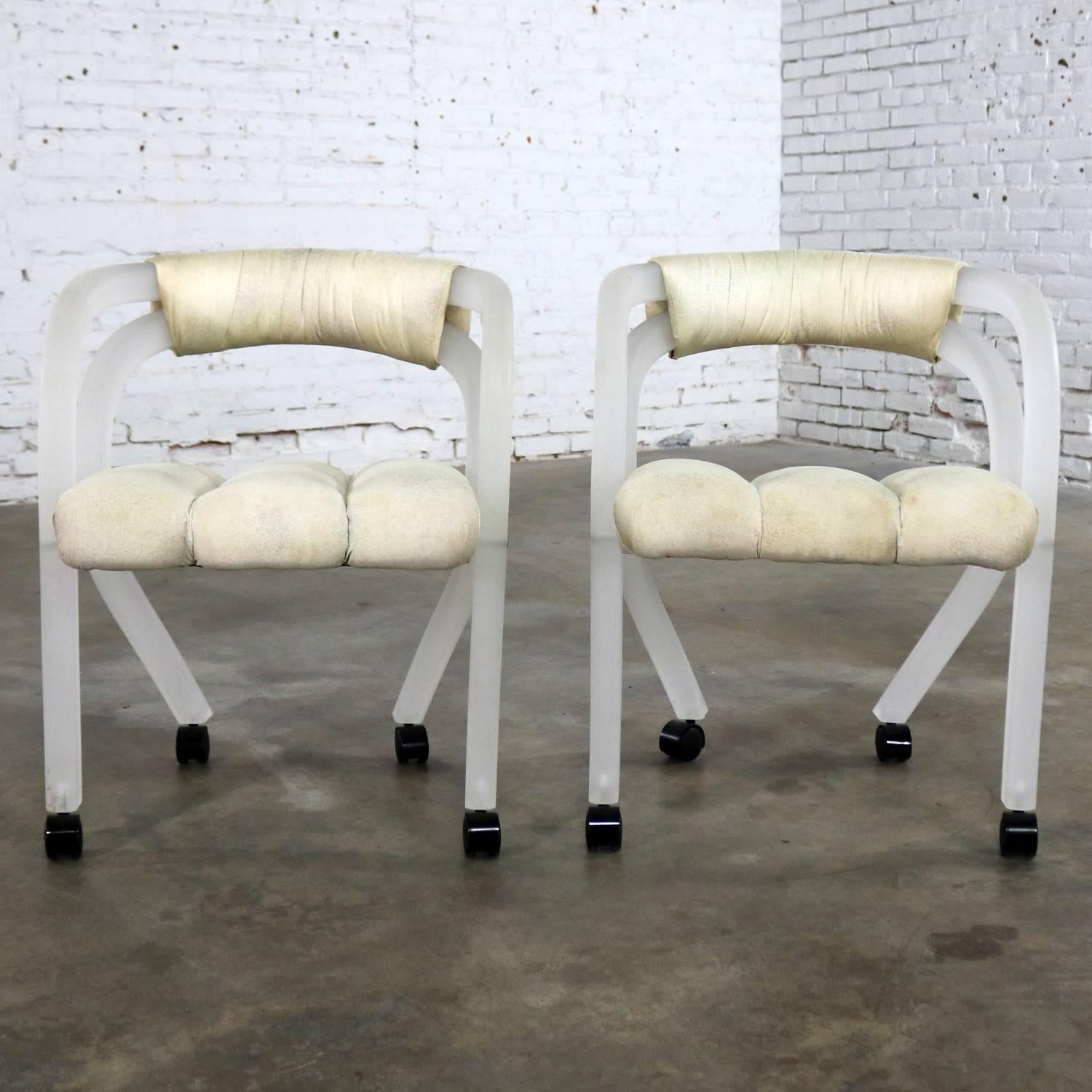 Frosted Lucite Rolling Chairs Style Charles Hollis Jones for Pace a Pair In Good Condition In Topeka, KS