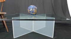 Frosted Lucite X-Base Glass Top Square Coffee Table