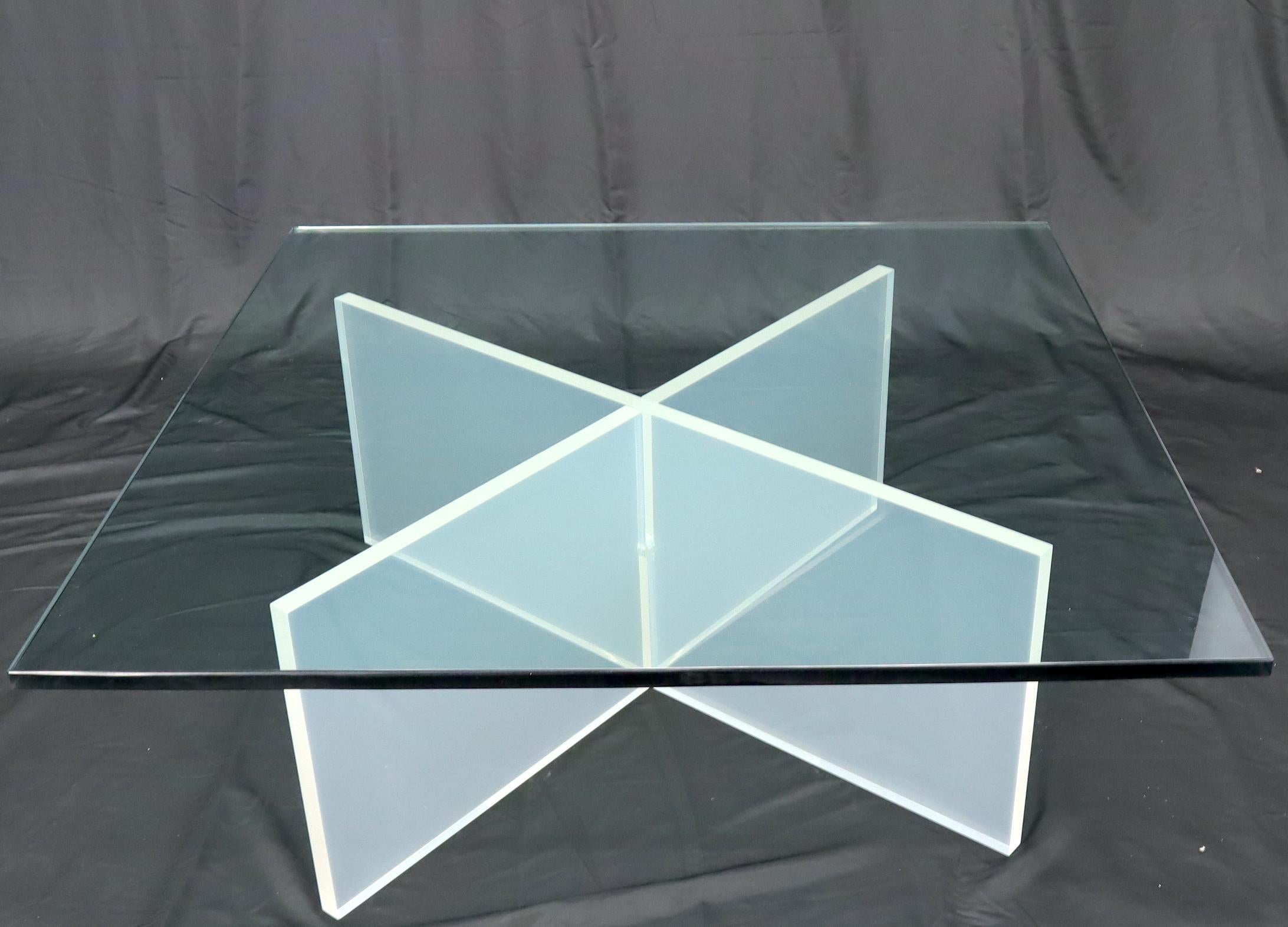 Unknown Frosted Lucite X-Base Glass Top Square Coffee Table For Sale