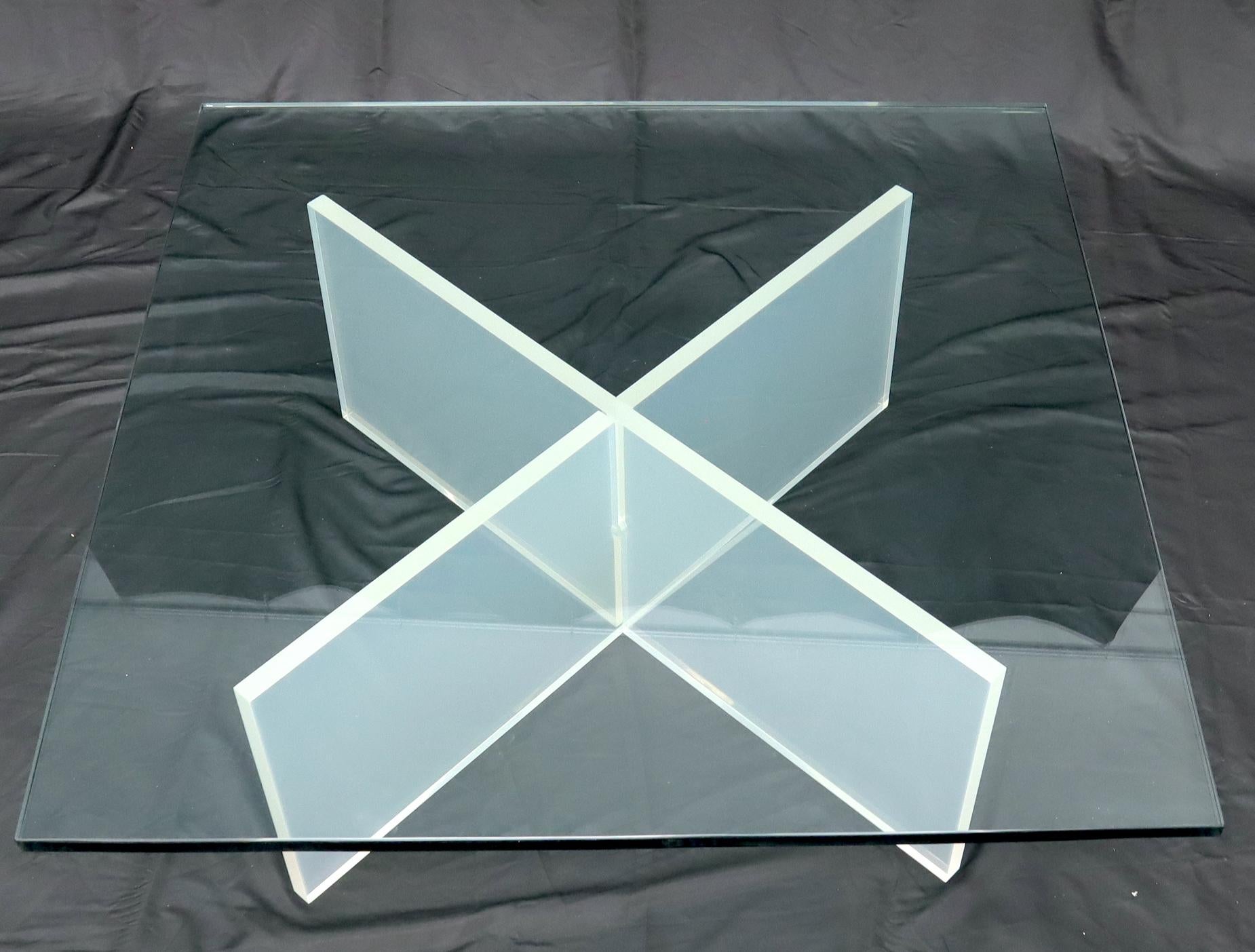 Frosted Lucite X-Base Glass Top Square Coffee Table For Sale 1