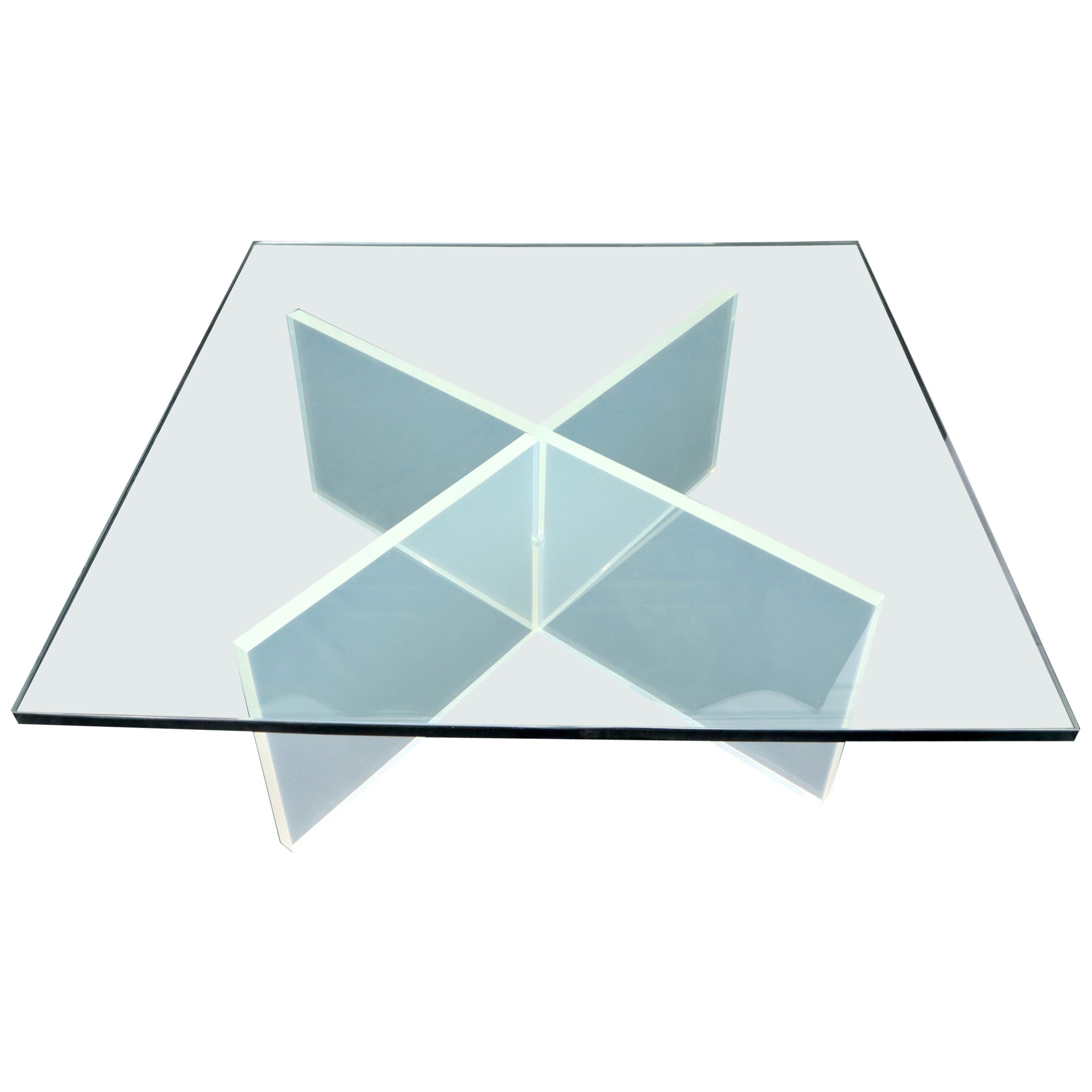 Frosted Lucite X-Base Glass Top Square Coffee Table