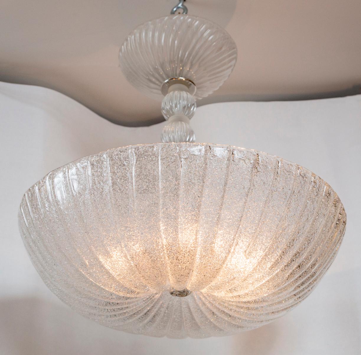 Frosted Murano glass blown semi flushmout/pendant dome-shaped ceiling fixture, stem composed of four clear glass balls and a large opaque swirl blown ceiling canopy. This nickel fixture is engineered for the canopy to install directly flush to the