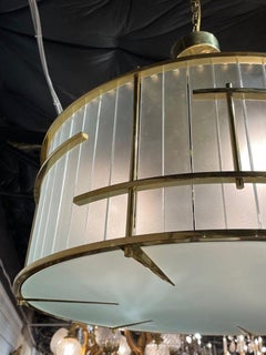 Frosted Murano Glass and Brass Drum Chandelier