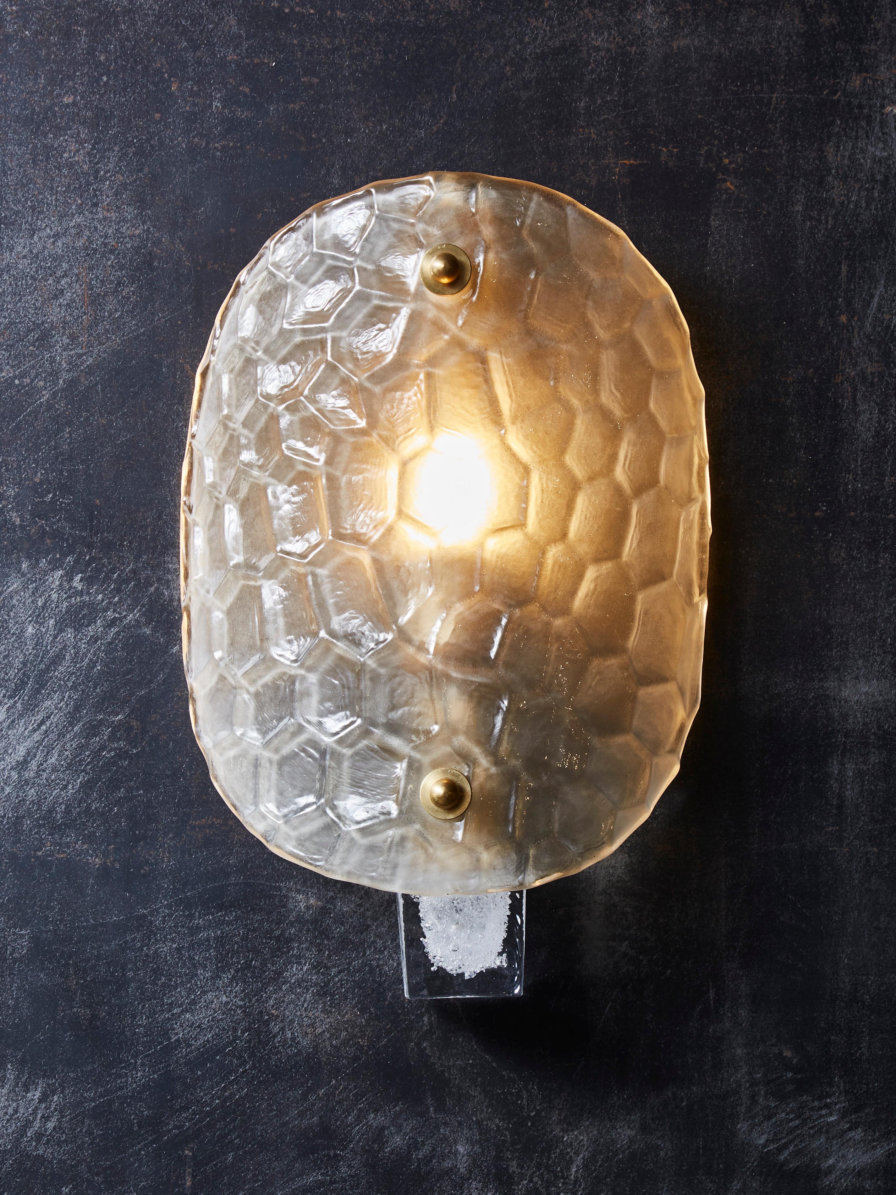 Oval shaped Frosted Murano glass wall sconces with brass settings.