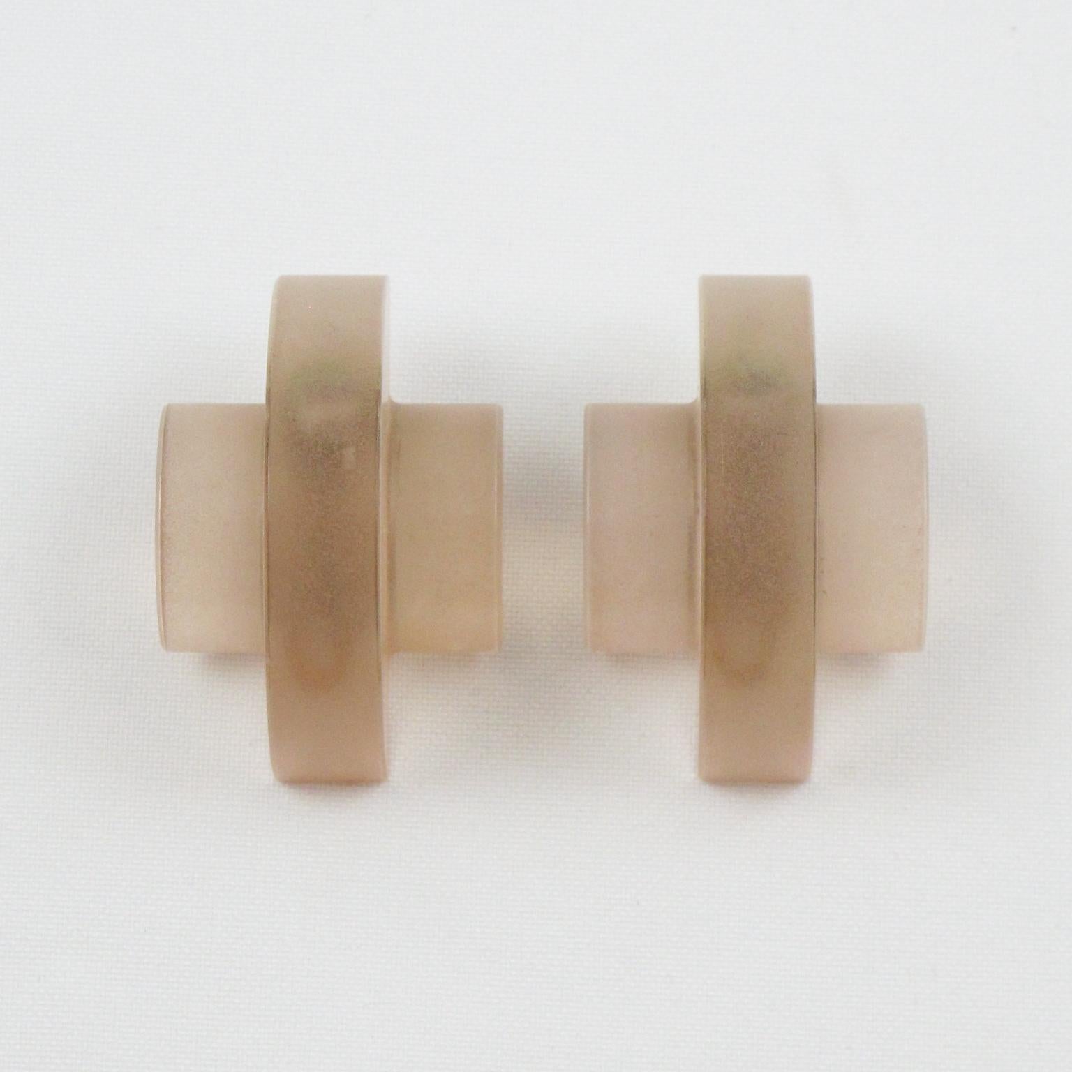 Women's Frosted Pink Nude Lucite Dimensional Clip Earrings For Sale