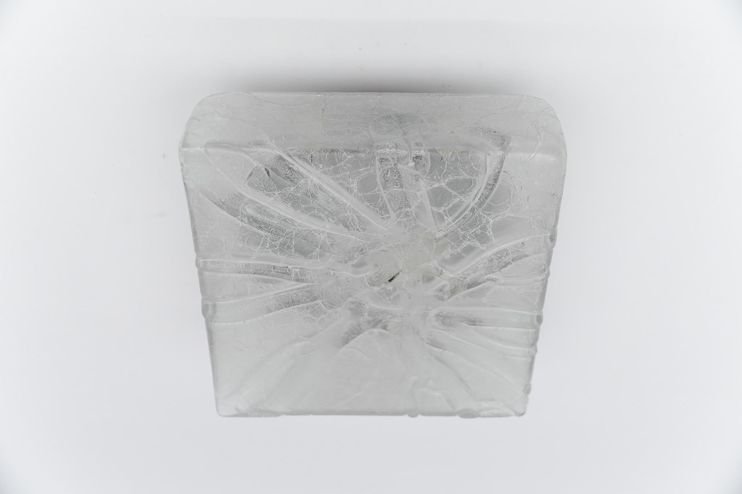 Metal Frosted Square Ice Glass Flush Mount from Doria Leuchten, Germany, 1960s For Sale
