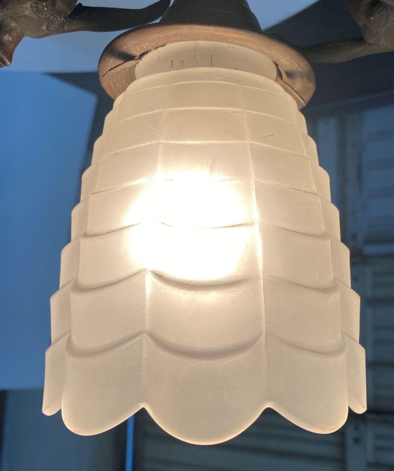 Mid-20th Century Frosted Tulip Scalloped 2 1/4 Fitter Glass Shade with Brass Fitter For Sale
