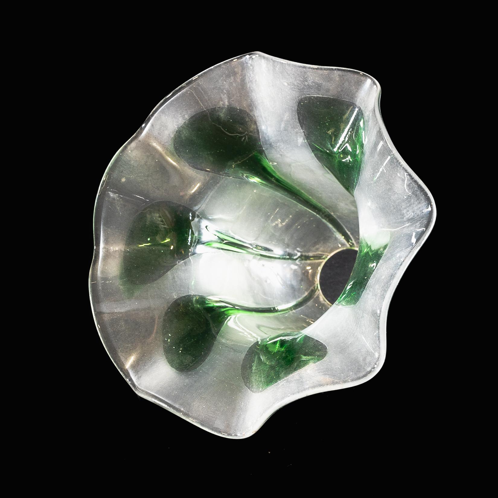 Frosted Vaseline Glass Shade with Green Teardrop Accents & Ruffled Rim For Sale 3