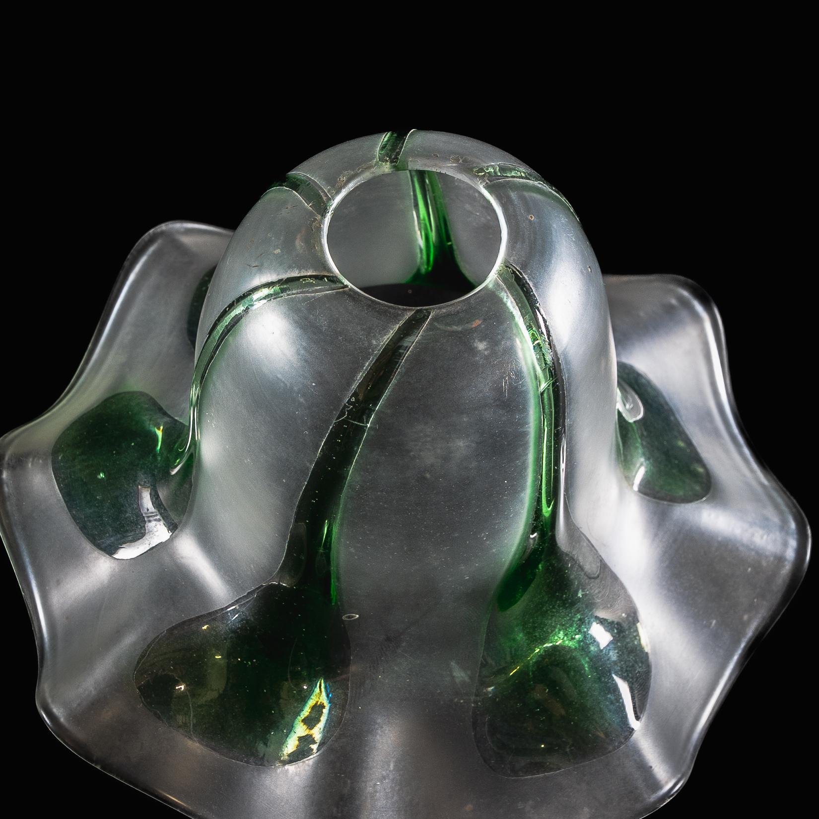 Frosted Vaseline Glass Shade with Green Teardrop Accents & Ruffled Rim For Sale 4