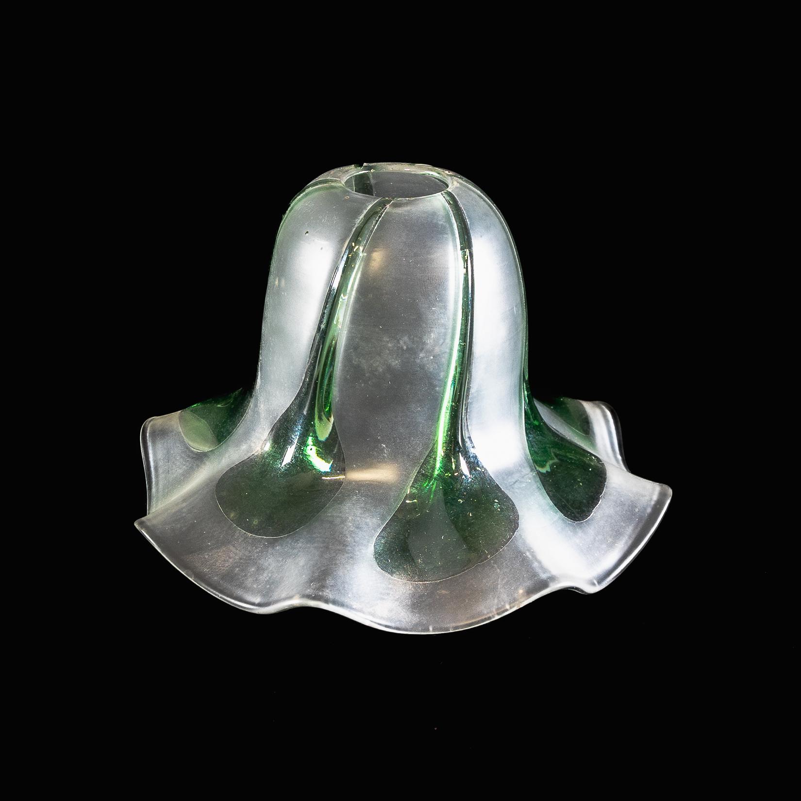 Arts and Crafts Frosted Vaseline Glass Shade with Green Teardrop Accents & Ruffled Rim For Sale