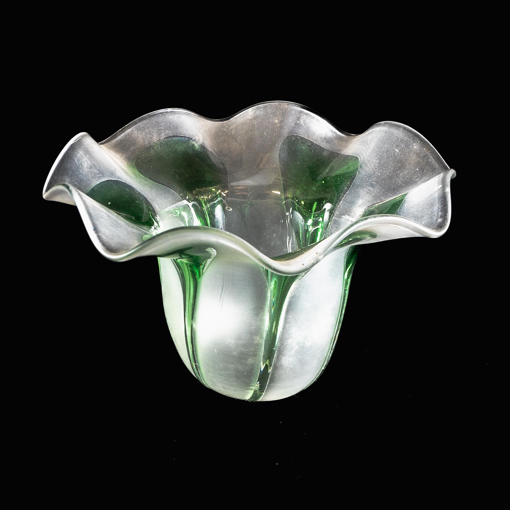 British Frosted Vaseline Glass Shade with Green Teardrop Accents & Ruffled Rim For Sale