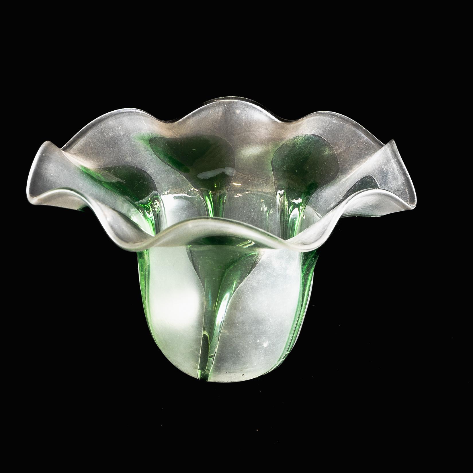 Hand-Crafted Frosted Vaseline Glass Shade with Green Teardrop Accents & Ruffled Rim For Sale