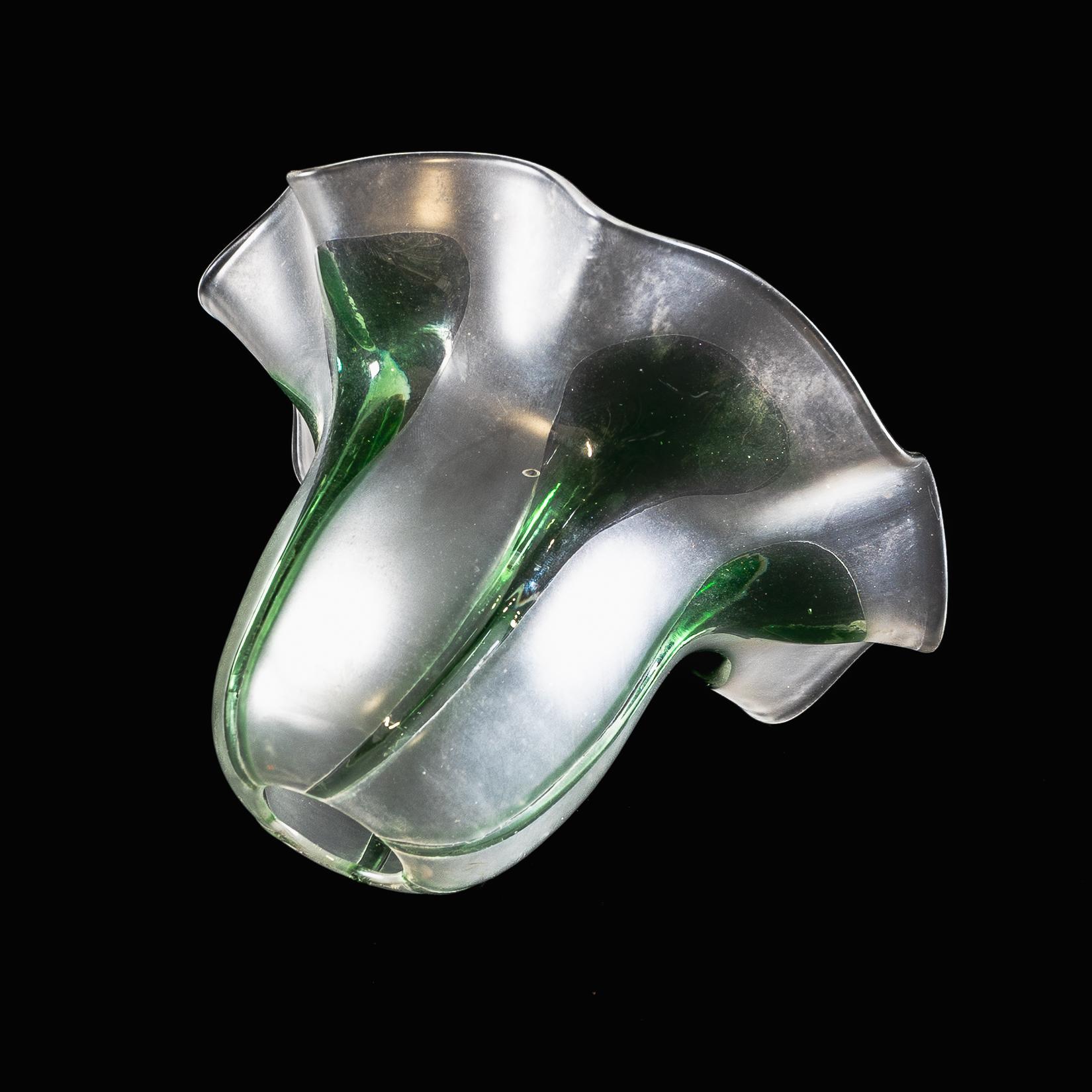 20th Century Frosted Vaseline Glass Shade with Green Teardrop Accents & Ruffled Rim For Sale