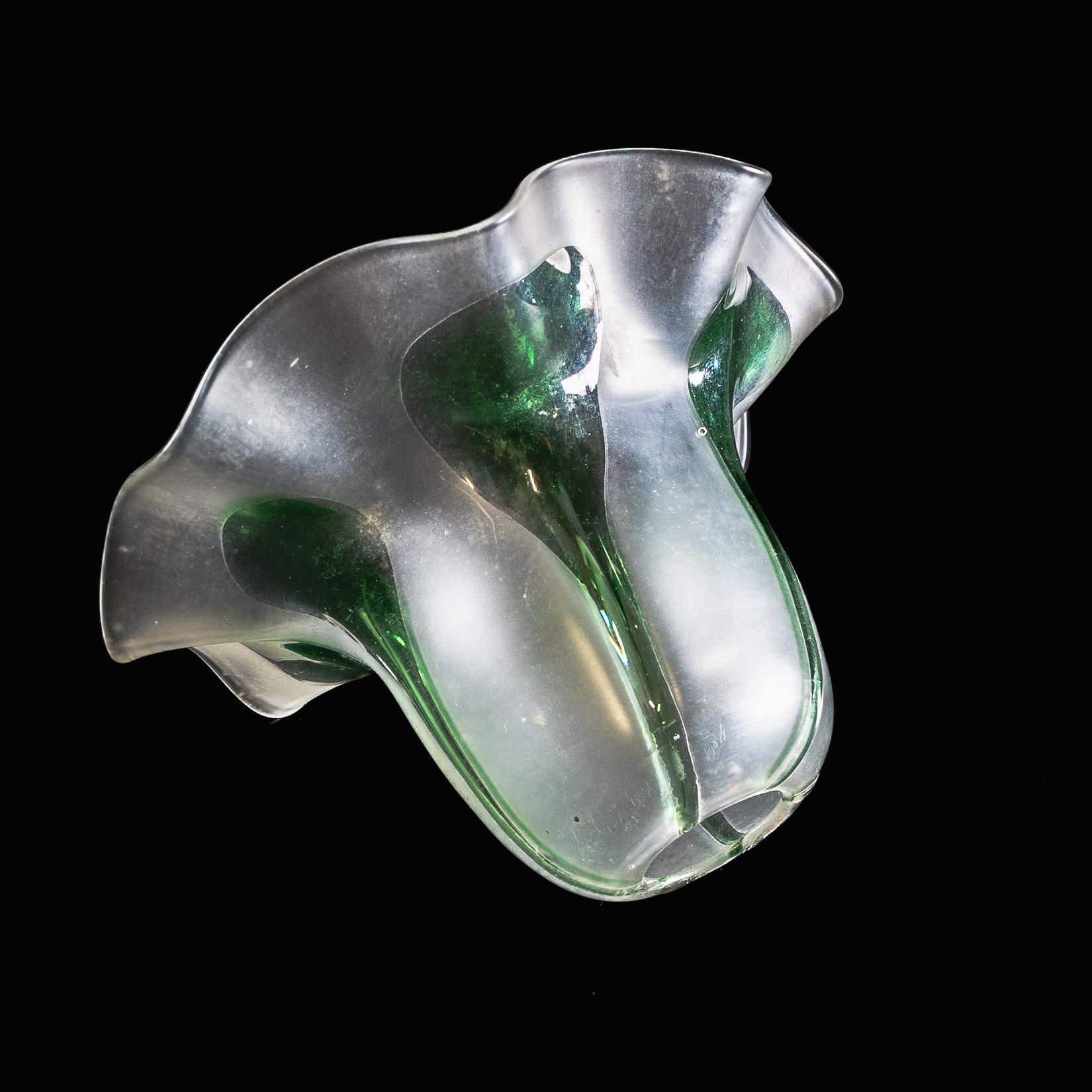 Frosted Vaseline Glass Shade with Green Teardrop Accents & Ruffled Rim For Sale 1