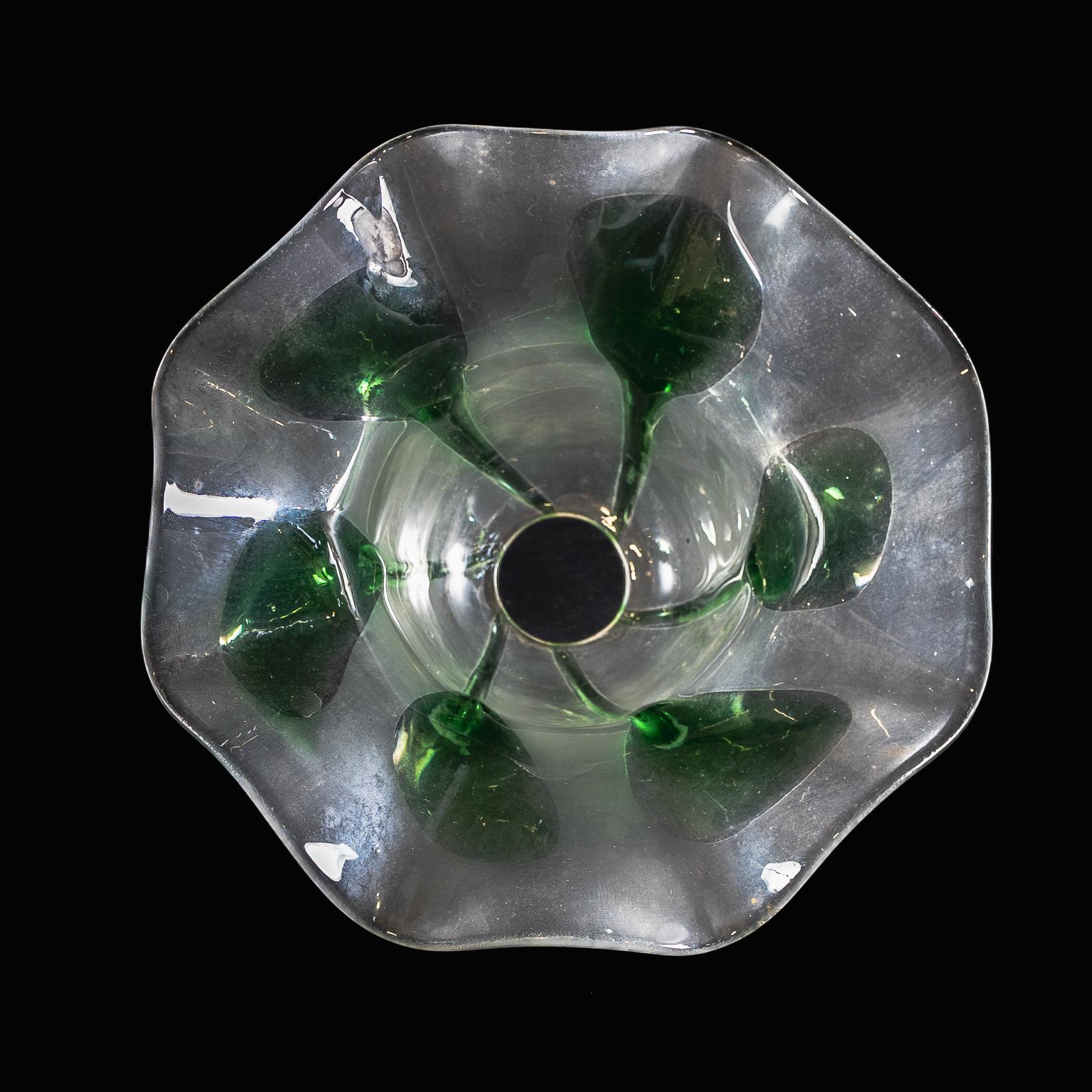 Frosted Vaseline Glass Shade with Green Teardrop Accents & Ruffled Rim For Sale 2