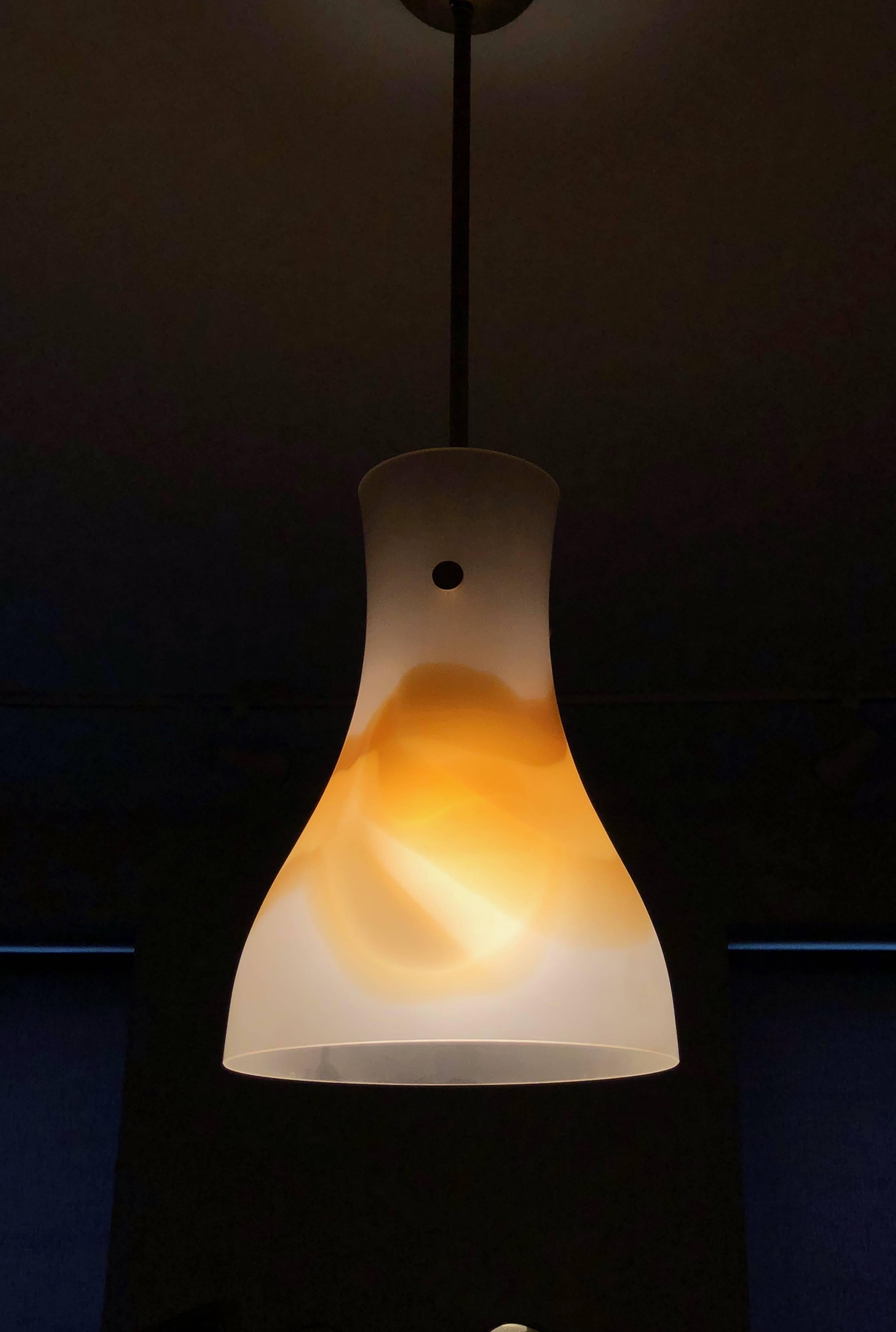 Frosted White and Orange Murano Glass Ceiling Light, Italy, circa 1970 For Sale 1