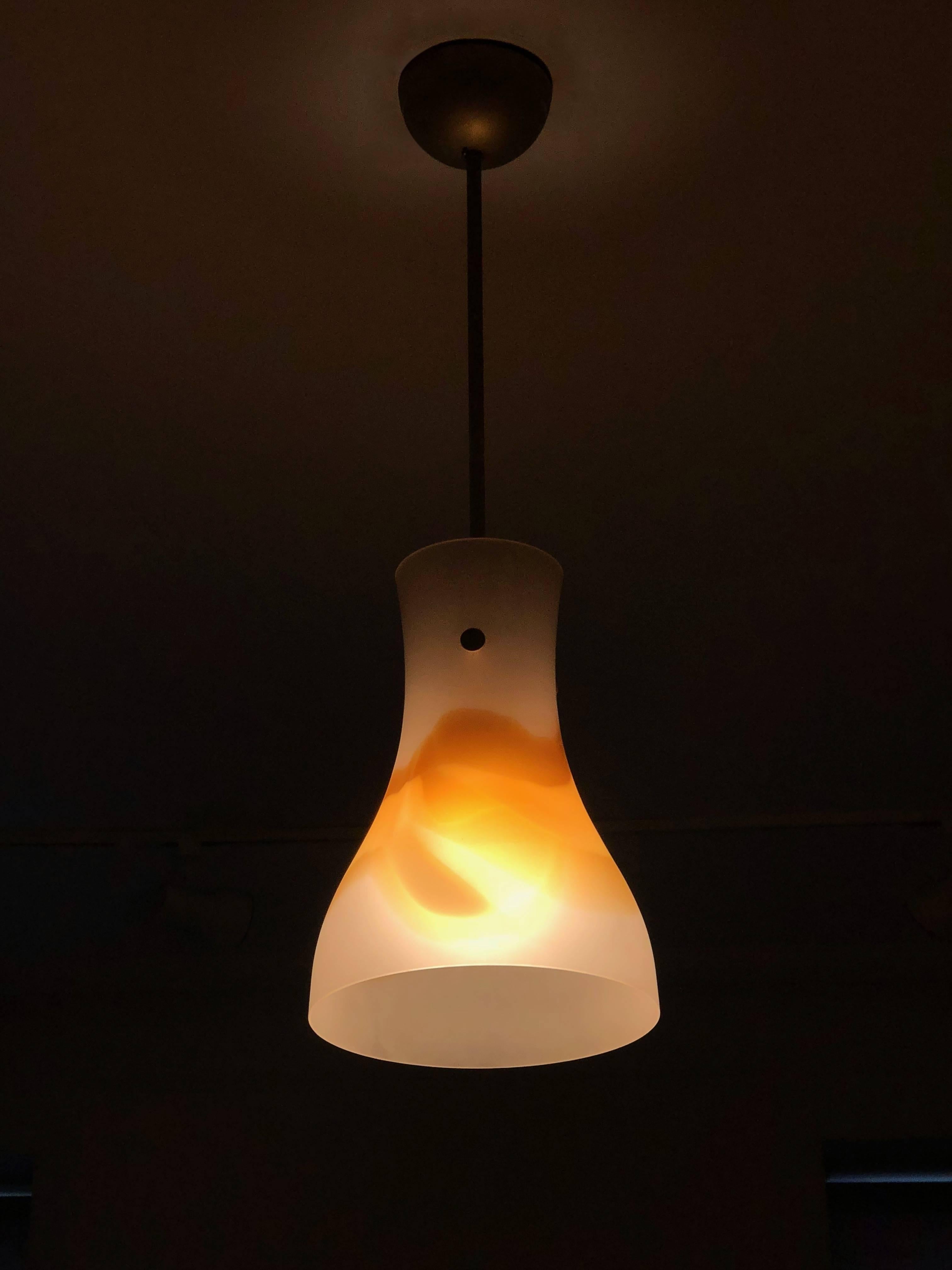 Frosted White and Orange Murano Glass Ceiling Light, Italy, circa 1970 For Sale 2