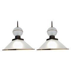 Frosted White Glass Pair of Pyramid Shape Pendant Lights, Italy, Contemporary