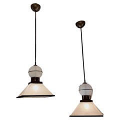 Frosted White Glass Pair of Pyramid Shape Pendant Lights, Italy, Contemporary