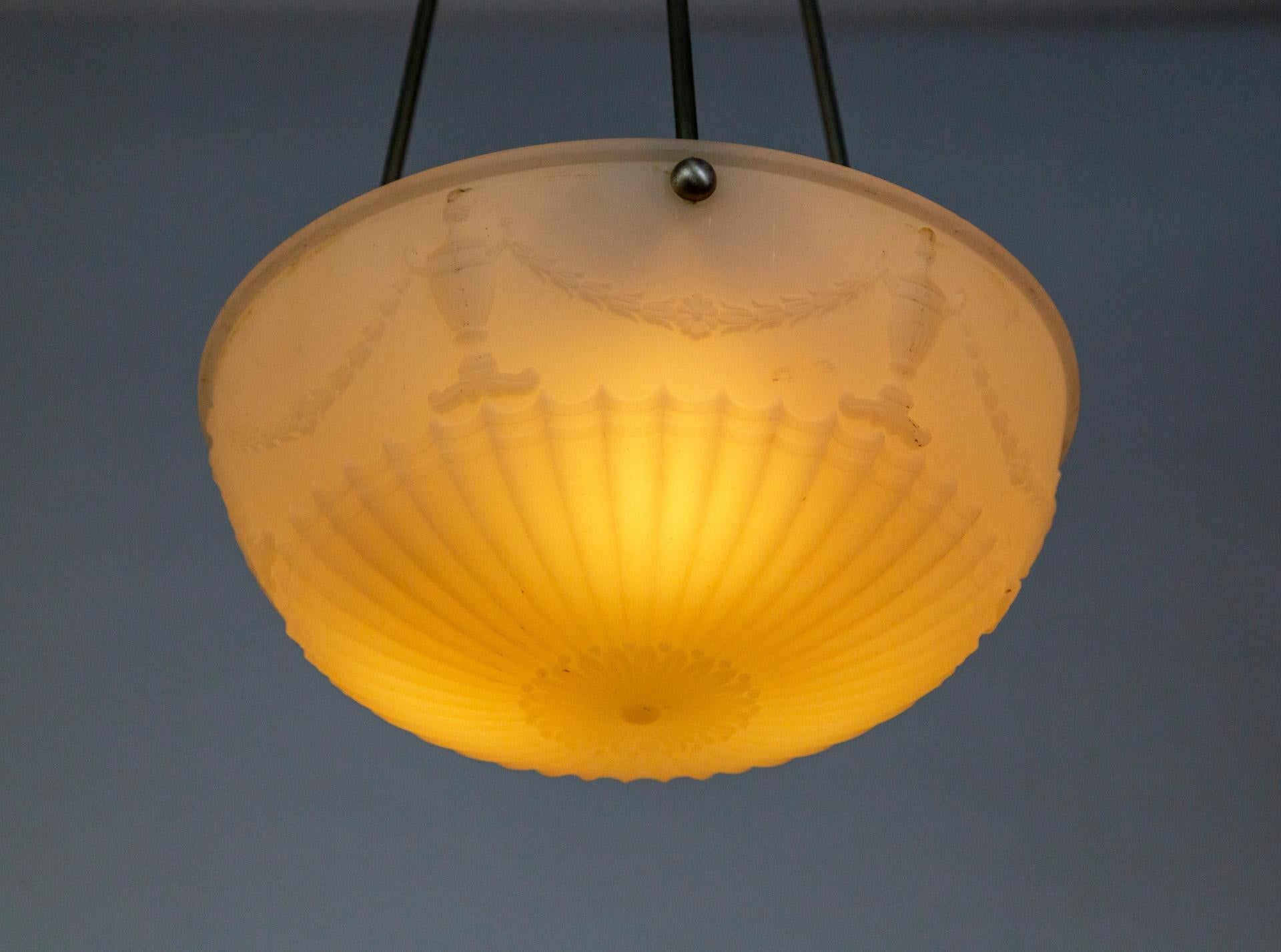 Frosted White Glass Pendant Light w/ Neoclassical Molding In Good Condition For Sale In San Francisco, CA