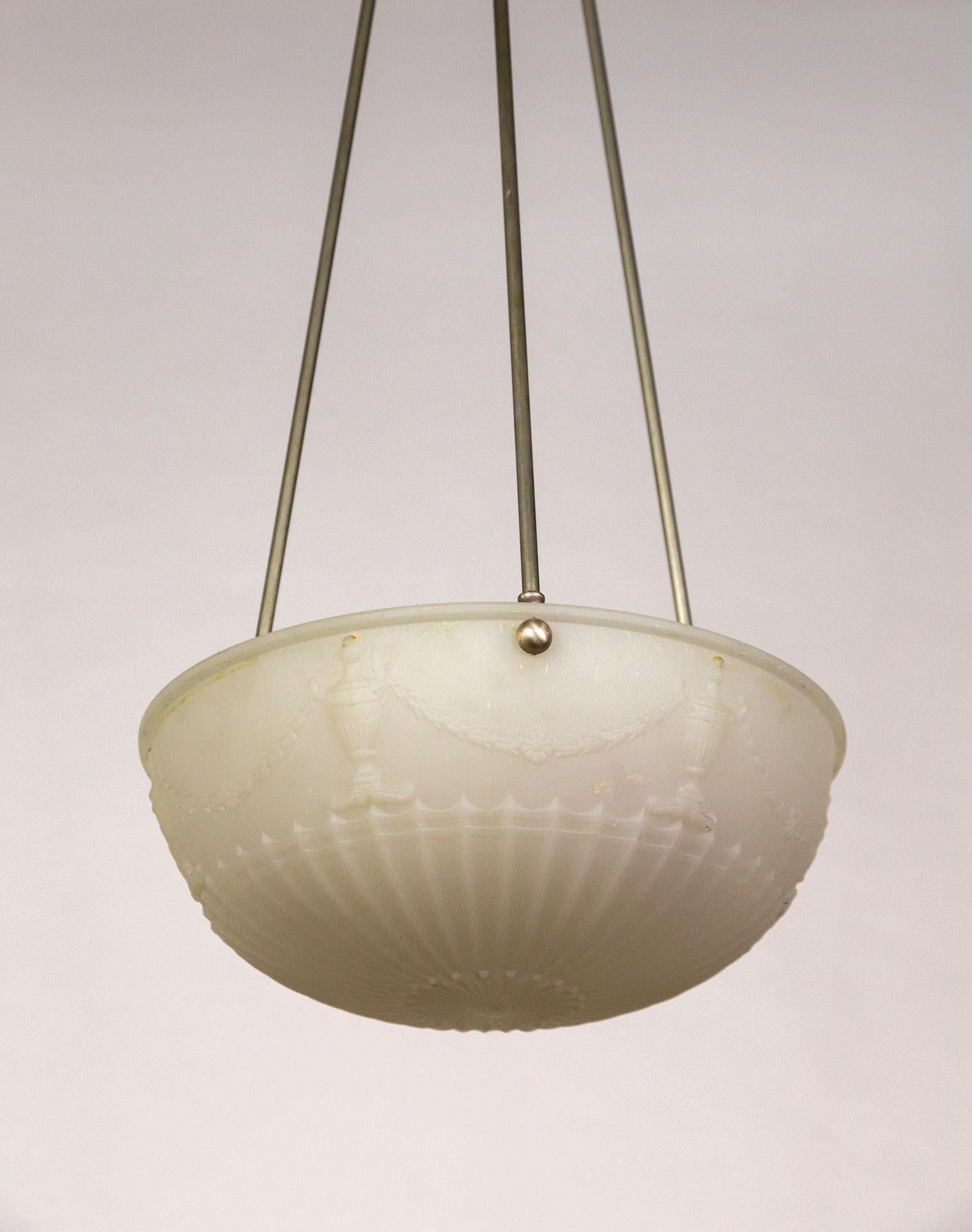 Brass Frosted White Glass Pendant Light w/ Neoclassical Molding For Sale