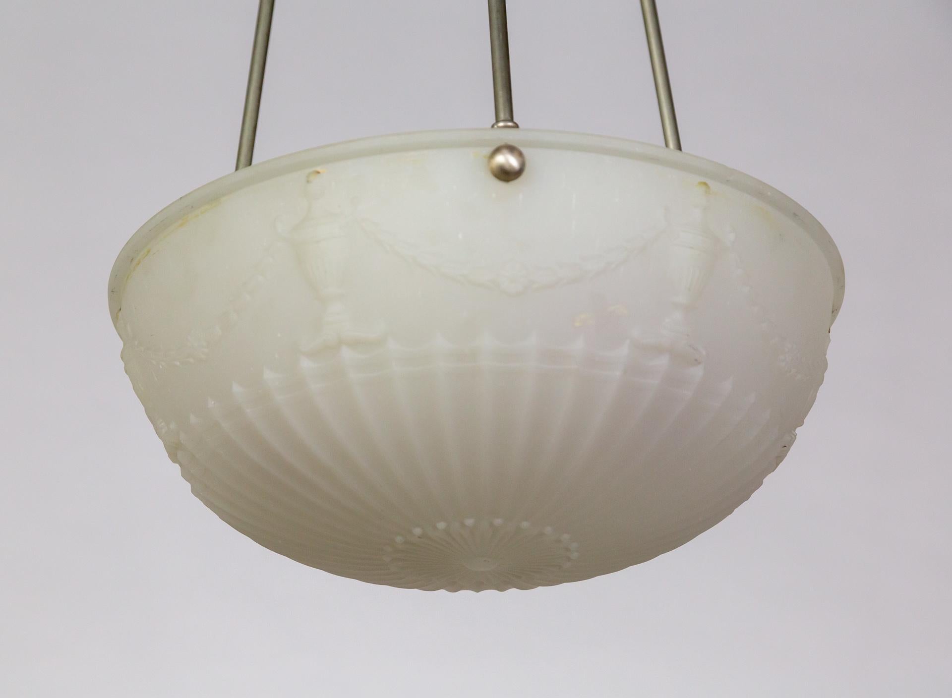 Frosted White Glass Pendant Light w/ Neoclassical Molding For Sale 1