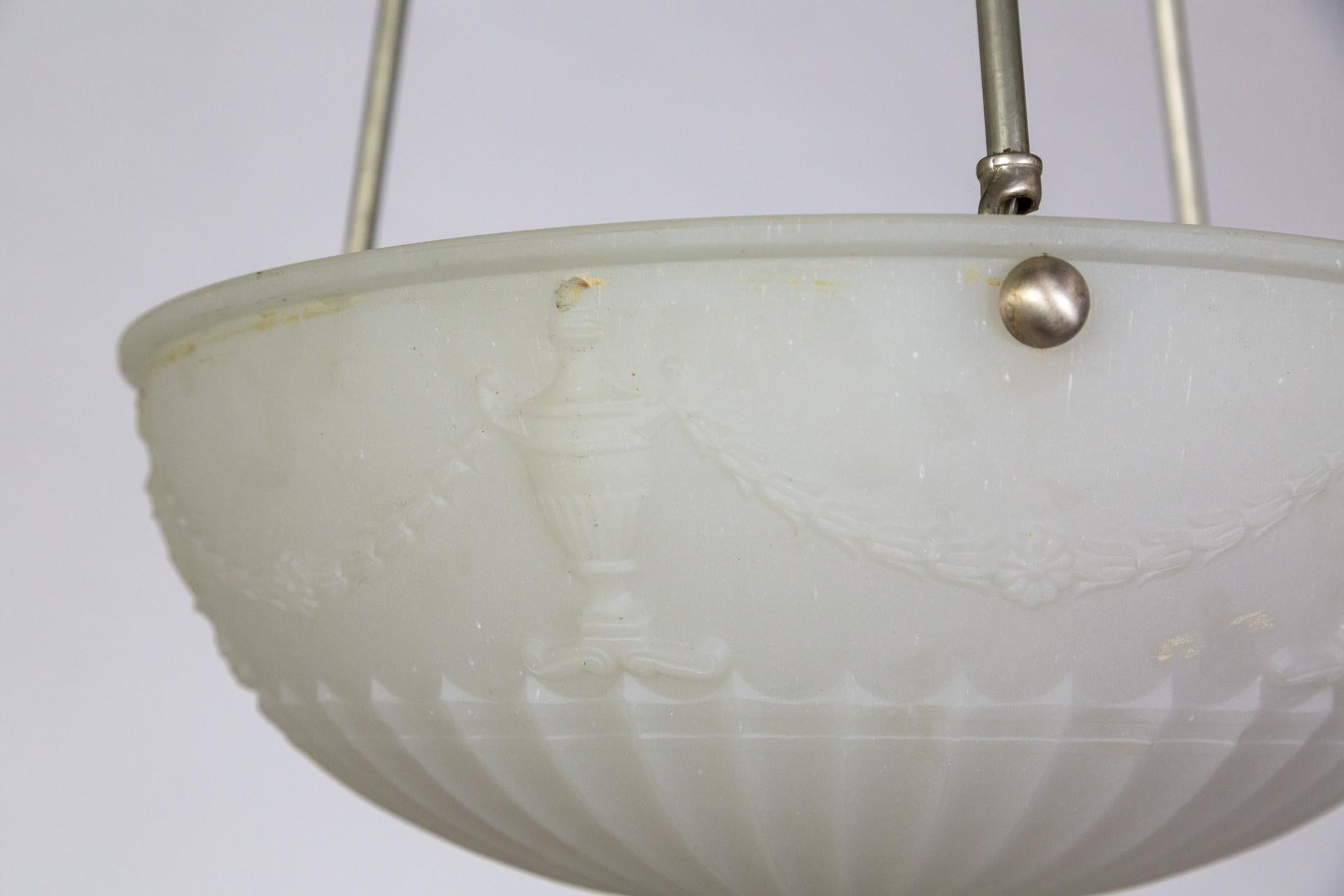 Frosted White Glass Pendant Light w/ Neoclassical Molding For Sale 2