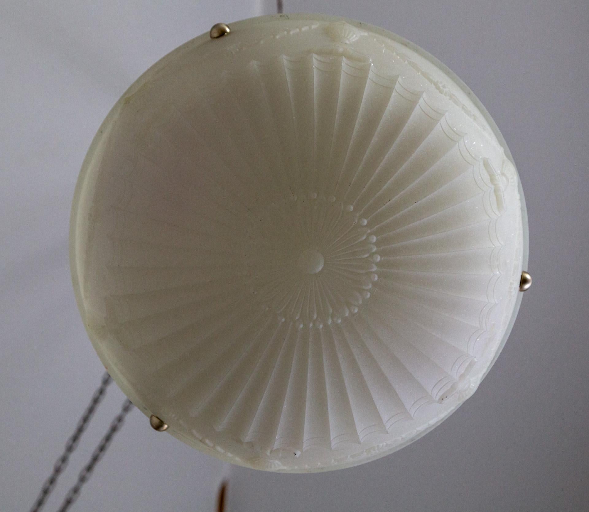 Frosted White Glass Pendant Light w/ Neoclassical Molding For Sale 3
