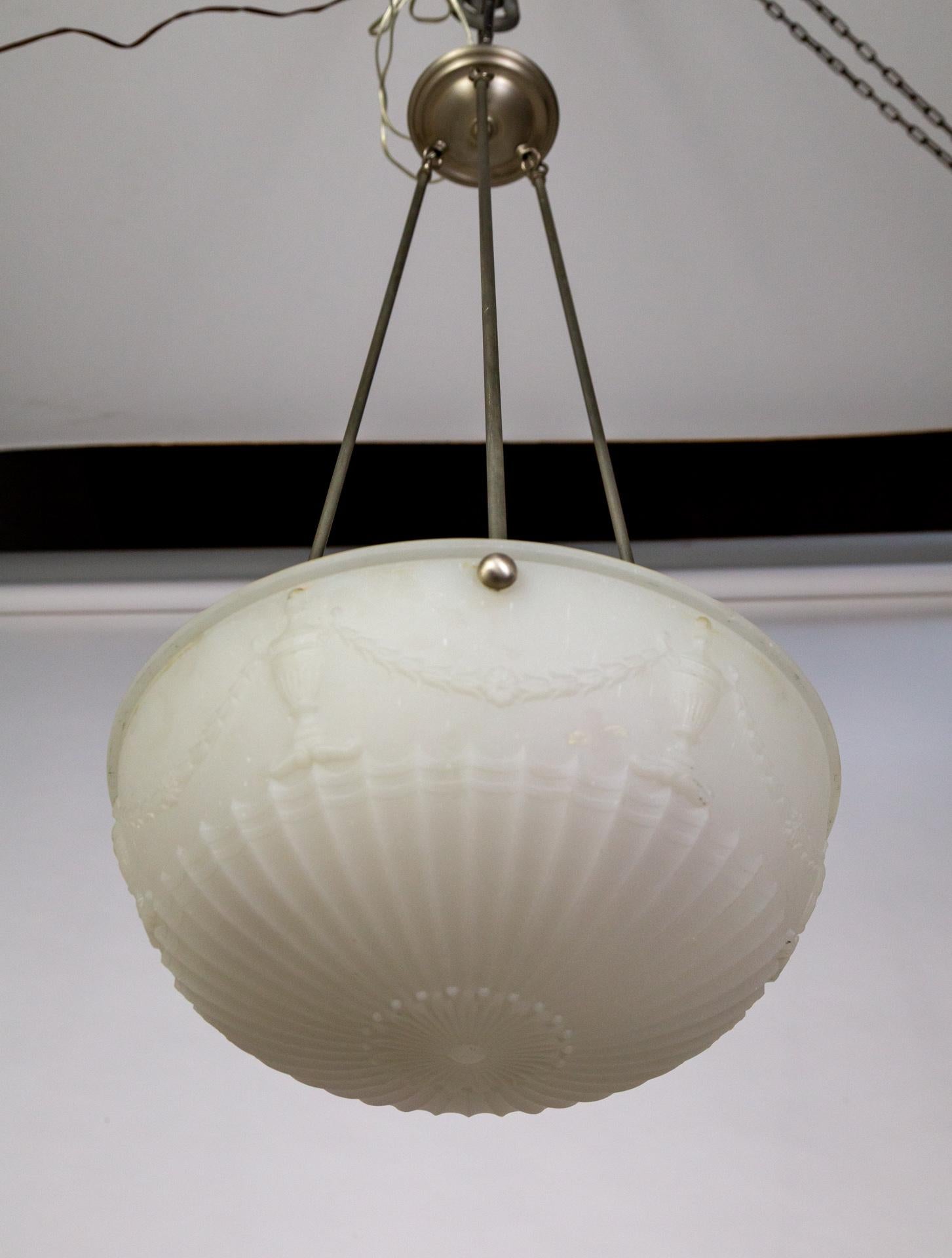 Frosted White Glass Pendant Light w/ Neoclassical Molding 4