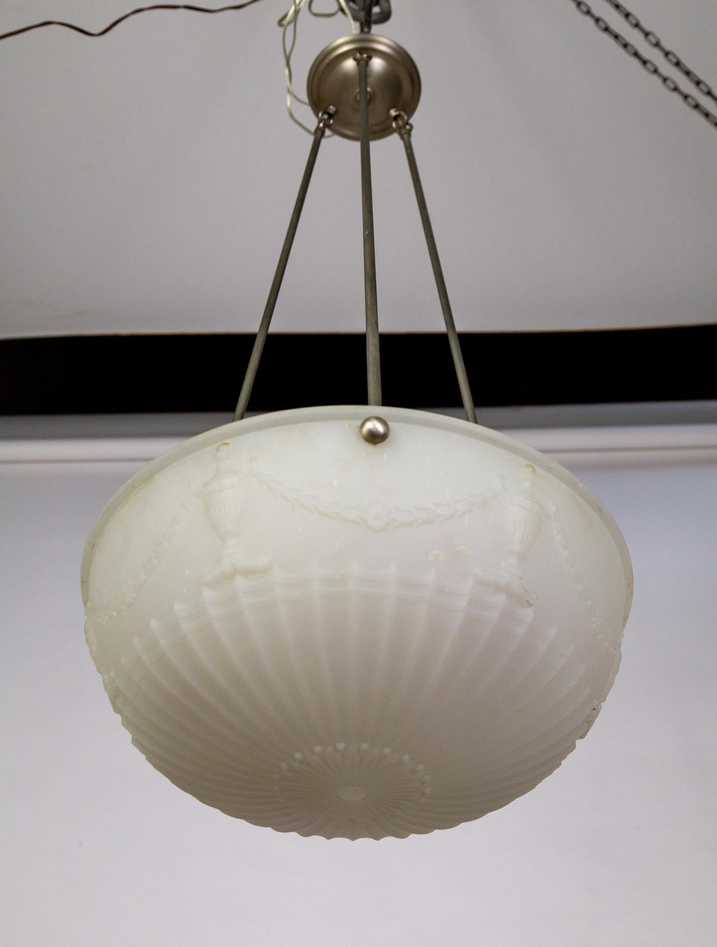 Frosted White Glass Pendant Light w/ Neoclassical Molding For Sale 4