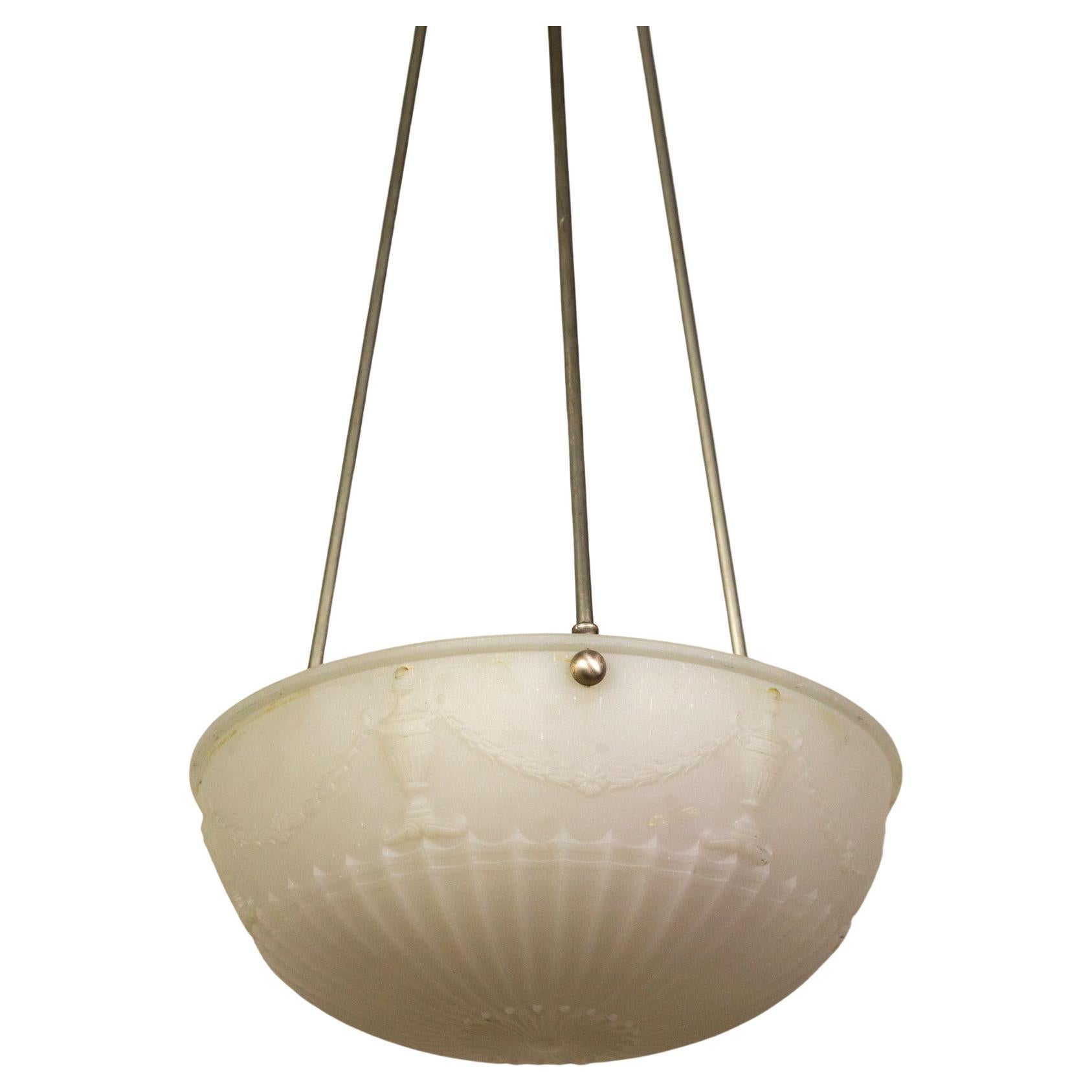 Frosted White Glass Pendant Light w/ Neoclassical Molding For Sale