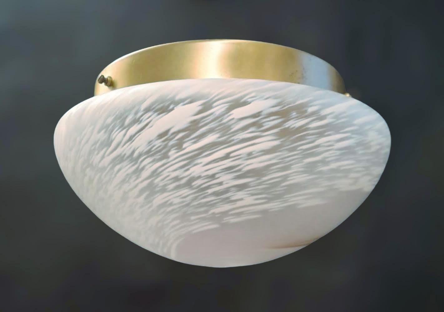 Vintage Italian flush mount with a single frosted white Murano glass shade decorated with brown spiral / Made in Italy, circa 1960s
Measures: diameter 10 inches, height 5.5 inches
2 lights / E12 or E14 type / max 40W each
2 available in stock in