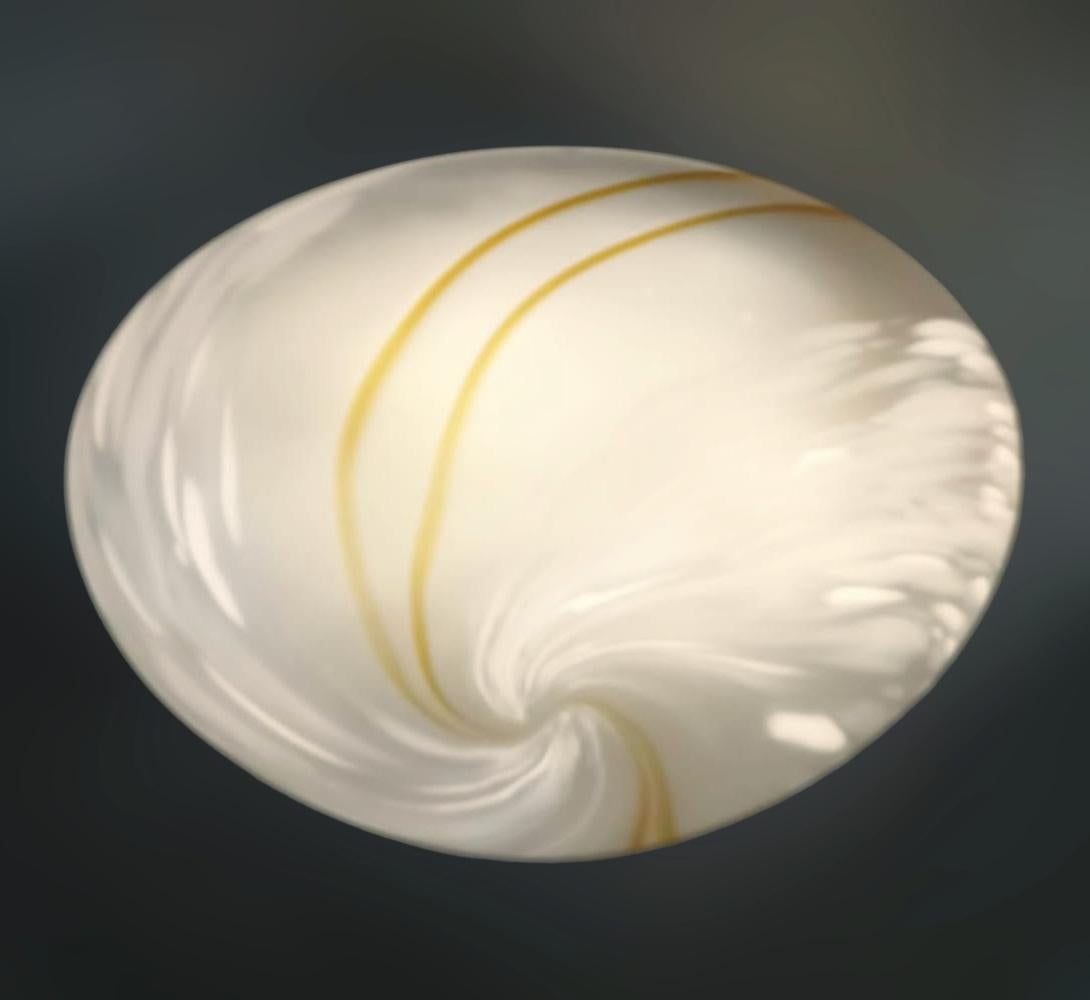 Vintage Italian flush mount or wall light with a single frosted white Murano glass shade decorated with spiral / Made in Italy, circa 1960s
Measures: diameter 20 inches, height 8 inches
2 lights / E26 or E27 type / max 60W each
1 available in stock