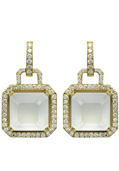 Frosted White Topaz and Diamond Halo Dangle Earrings in 18 Karat Yellow Gold