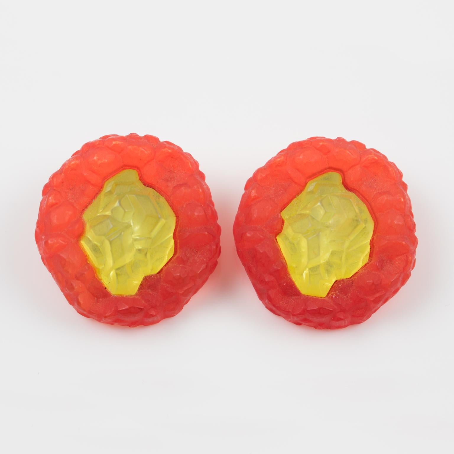 Modern Frosted Yellow and Red Rock Lucite Clip Earrings For Sale