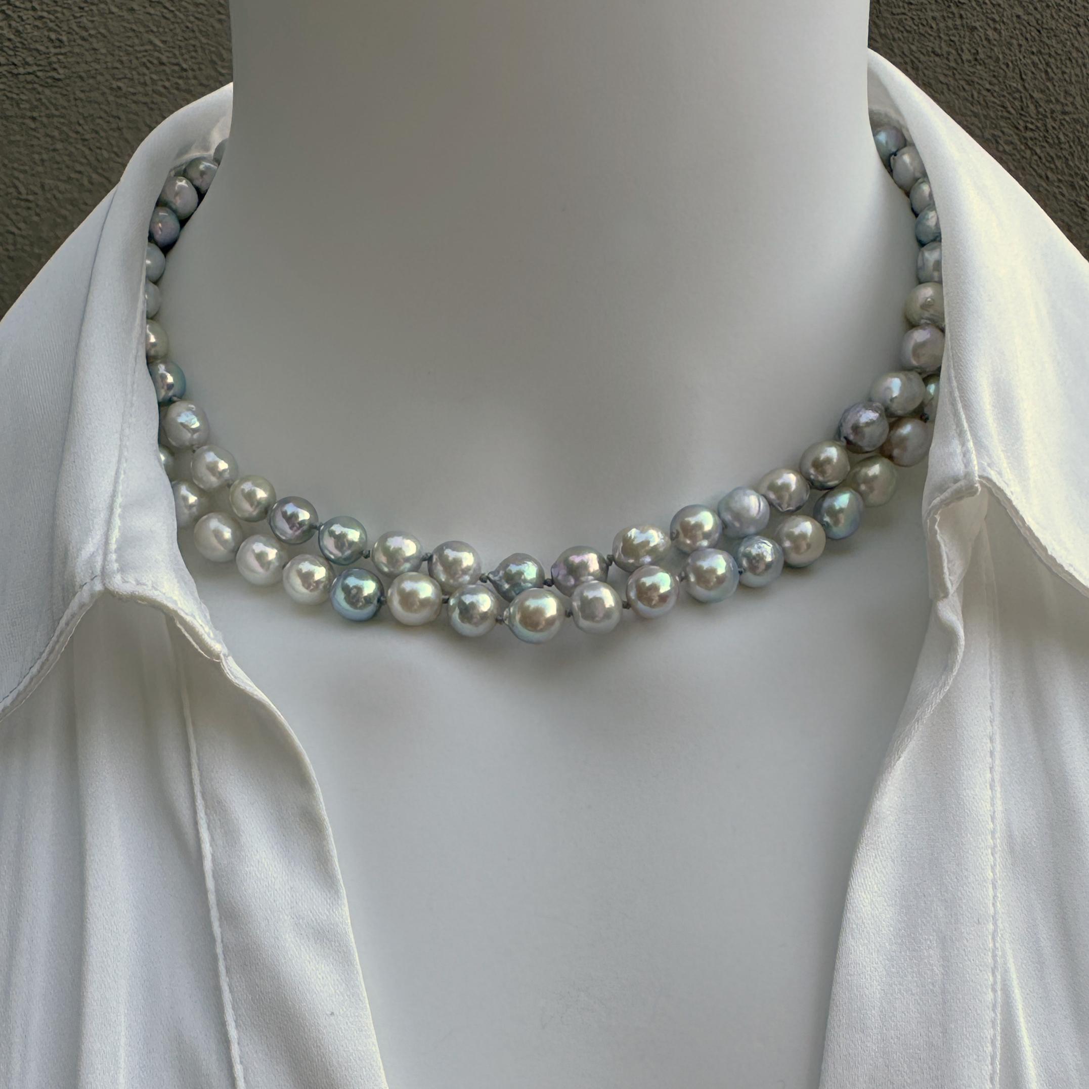 We got these gorgeous and distinctive pearls at a trade show* in July of 2023.  They're cultured saltwater Akoya pearls boasting unusually high luster and a great range of icy-cold colors -- like two strings of offbeat Xmas lights to hang around