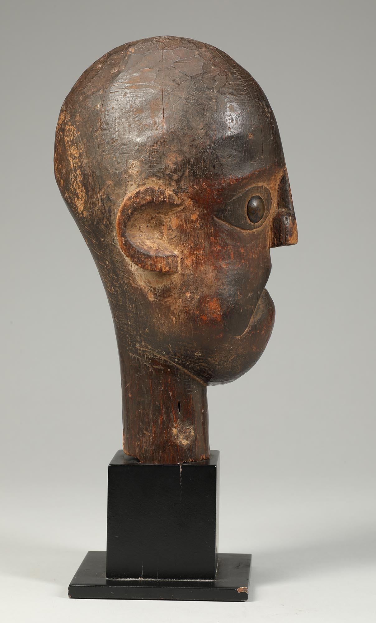 Tribal Cubist Ibibio Puppet Head Brass Eyes Nigeria Early 20th Century stern gaze stand For Sale