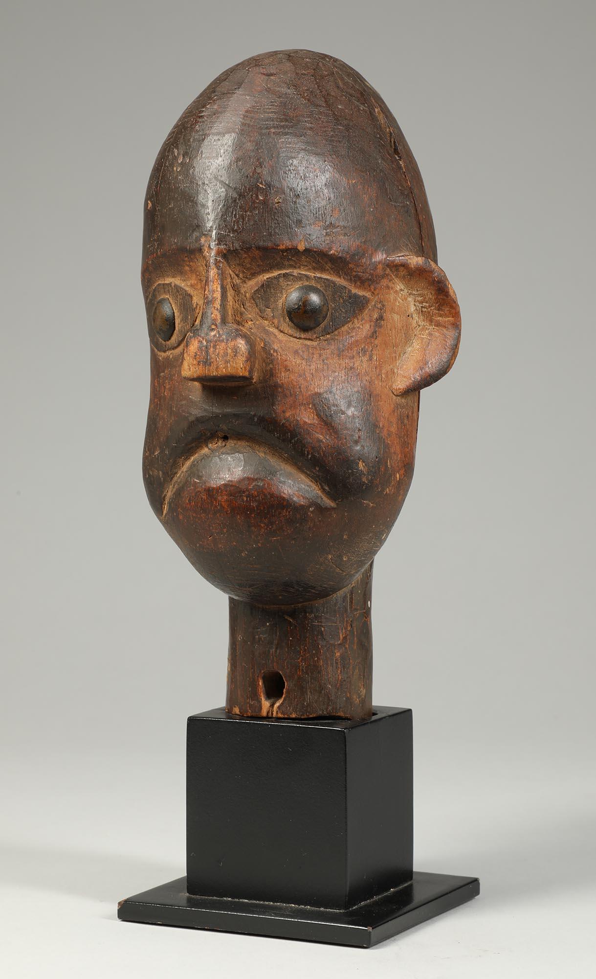 Nigerian Cubist Ibibio Puppet Head Brass Eyes Nigeria Early 20th Century stern gaze stand For Sale