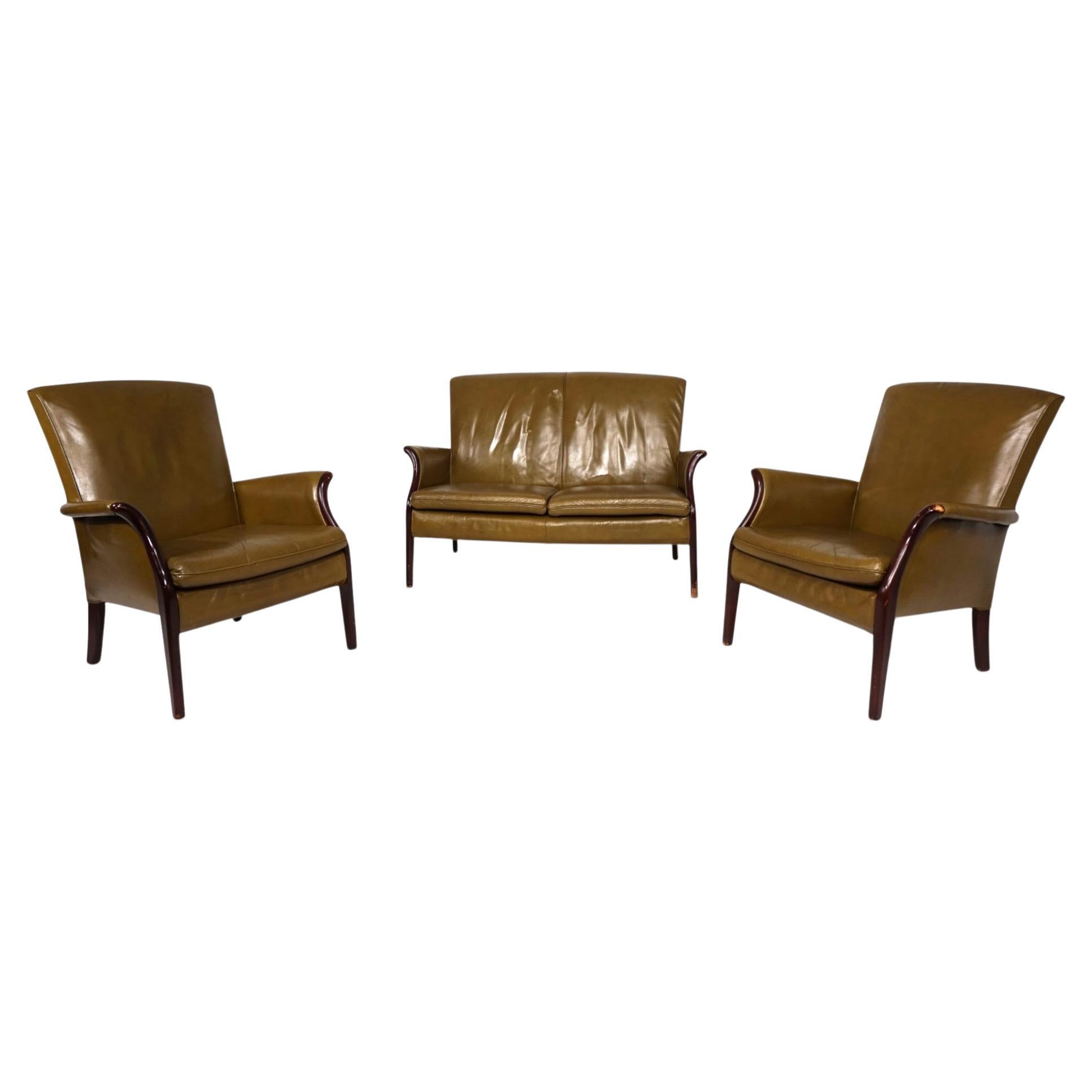 Froxfield 2 leather armchair and leather sofa set, moss green, by Parker Knoll For Sale