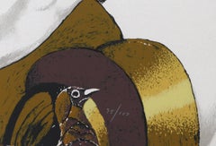 Frau mit Vögeln und Schmetterlingen, Siebdruck von Froylan Ojeda