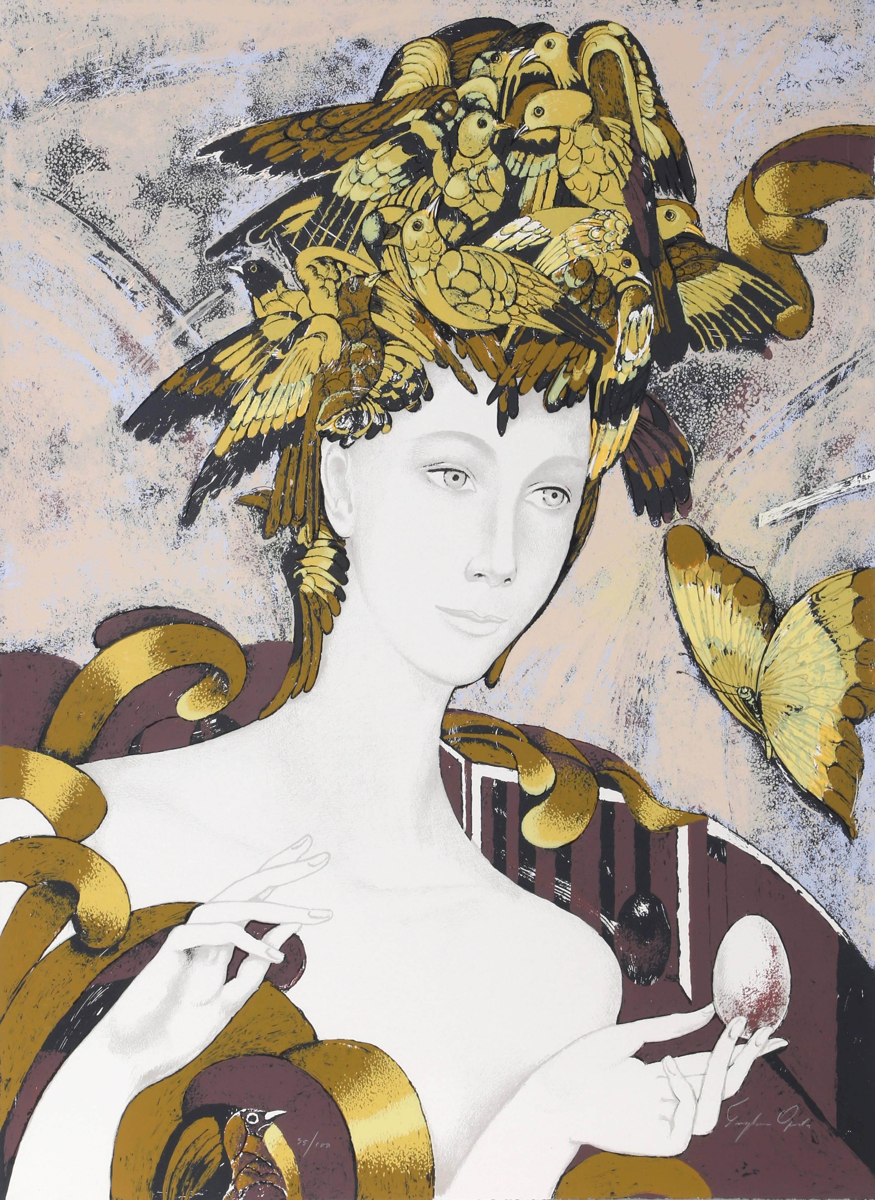 Froylán Ojeda Figurative Print - Woman with Birds and Butterflies, Silkscreen by Froylan Ojeda