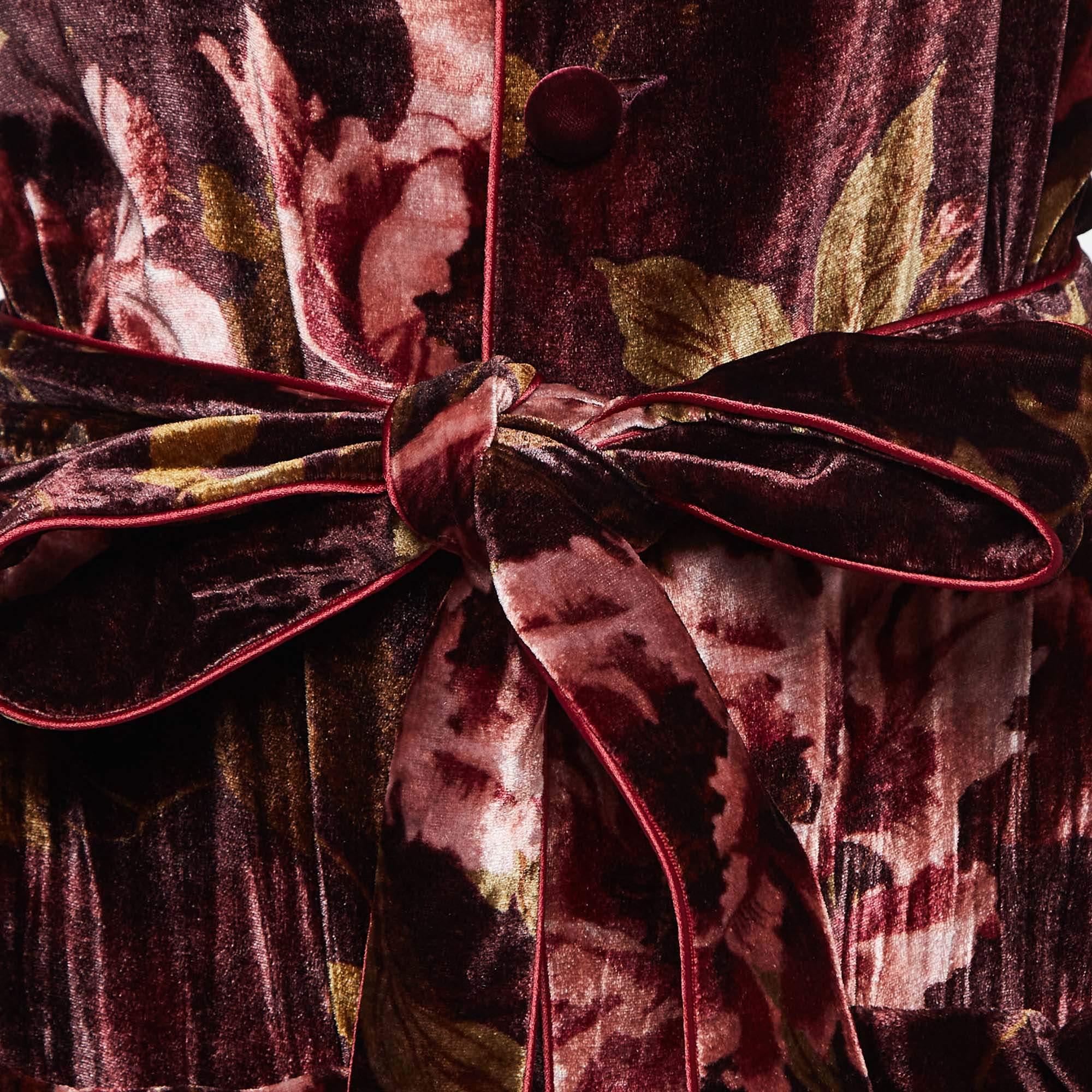 Black F.R.S For Restless Sleepers Burgundy Floral Print Velvet Robe Dress M