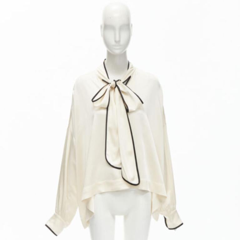 FRS FOR RESTLESS SLEEPERS cream crepe satin bow tie relaxed pajama blouse M For Sale 7