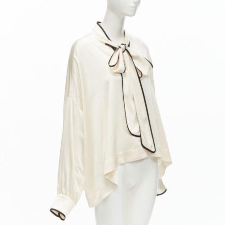 Beige FRS FOR RESTLESS SLEEPERS cream crepe satin bow tie relaxed pajama blouse M For Sale