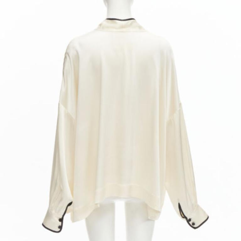 Women's FRS FOR RESTLESS SLEEPERS cream crepe satin bow tie relaxed pajama blouse M For Sale