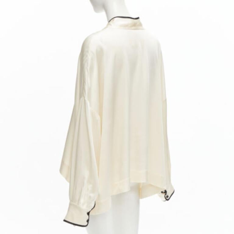 FRS FOR RESTLESS SLEEPERS cream crepe satin bow tie relaxed pajama blouse M For Sale 1