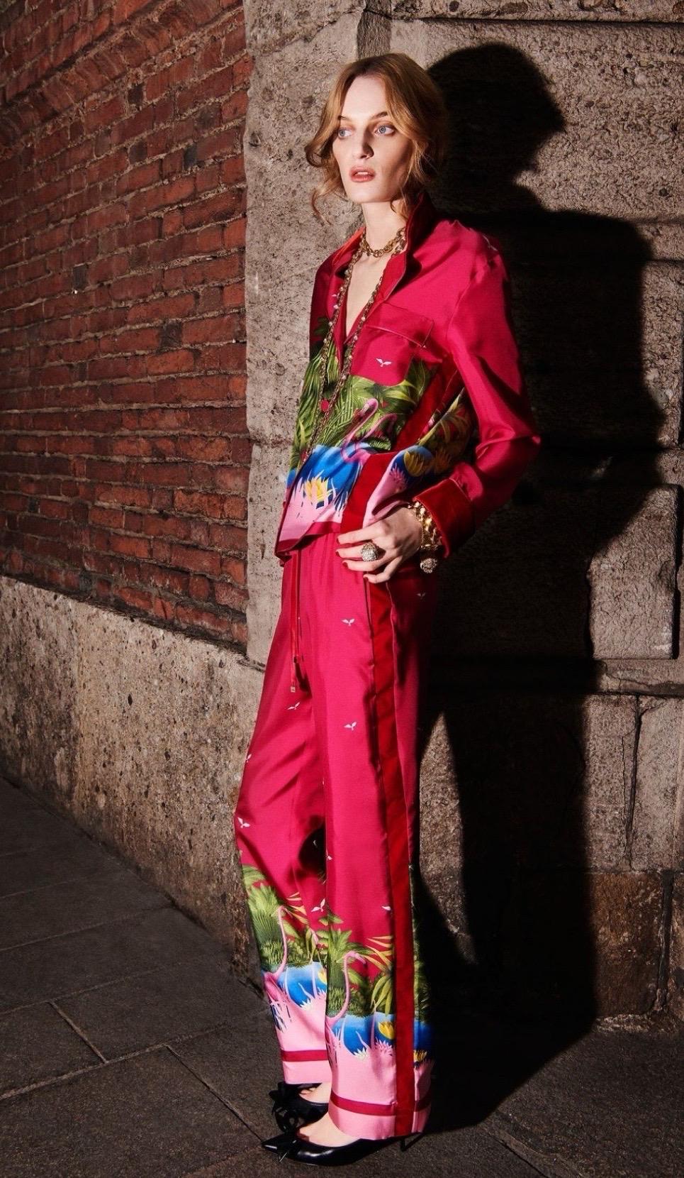 F.R.S FOR RESTLESS SLEEPERS FRS Tropical Flamingo Print Silk Resort Pants Suit S in vendita 8