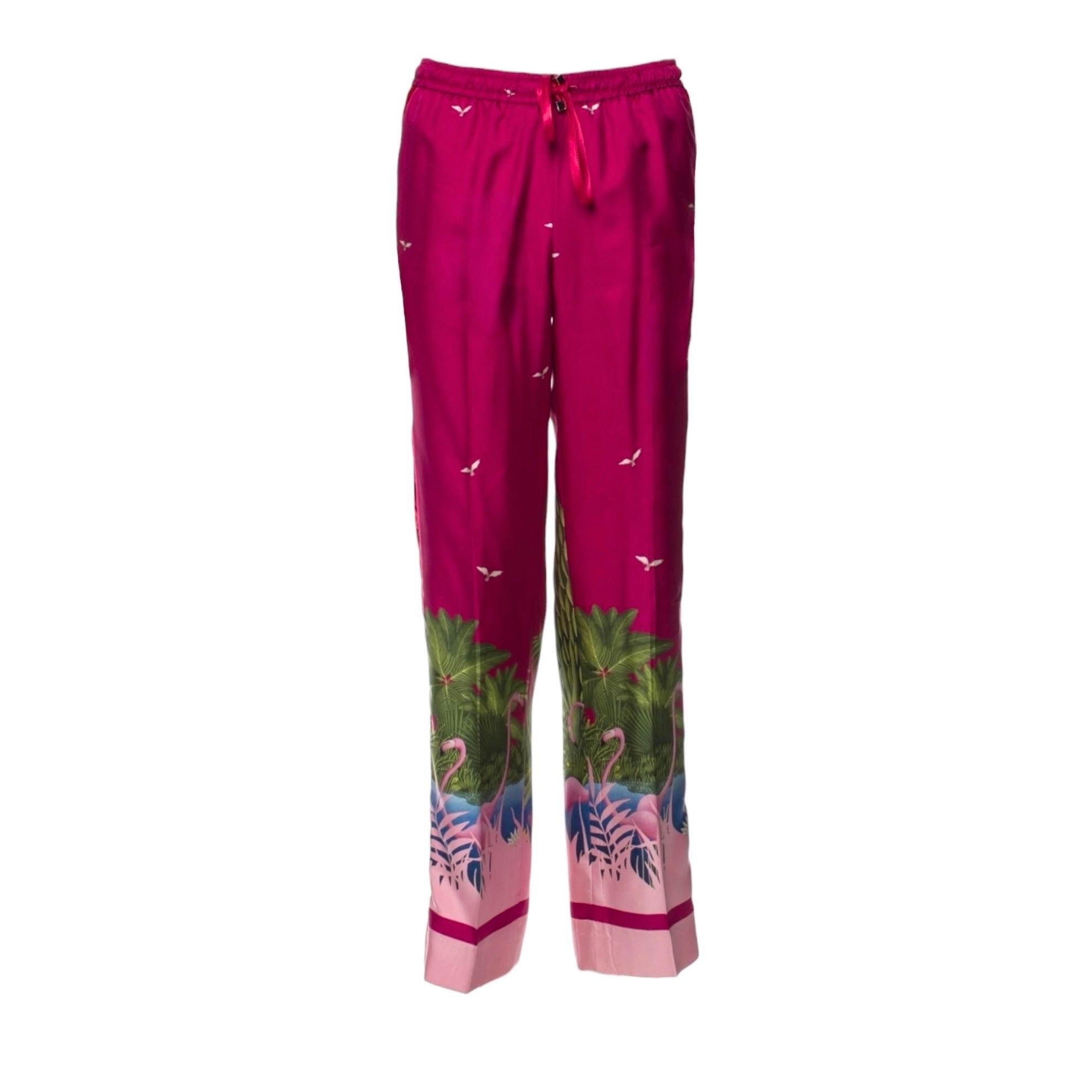 Rosso F.R.S FOR RESTLESS SLEEPERS FRS Tropical Flamingo Print Silk Resort Pants Suit S in vendita