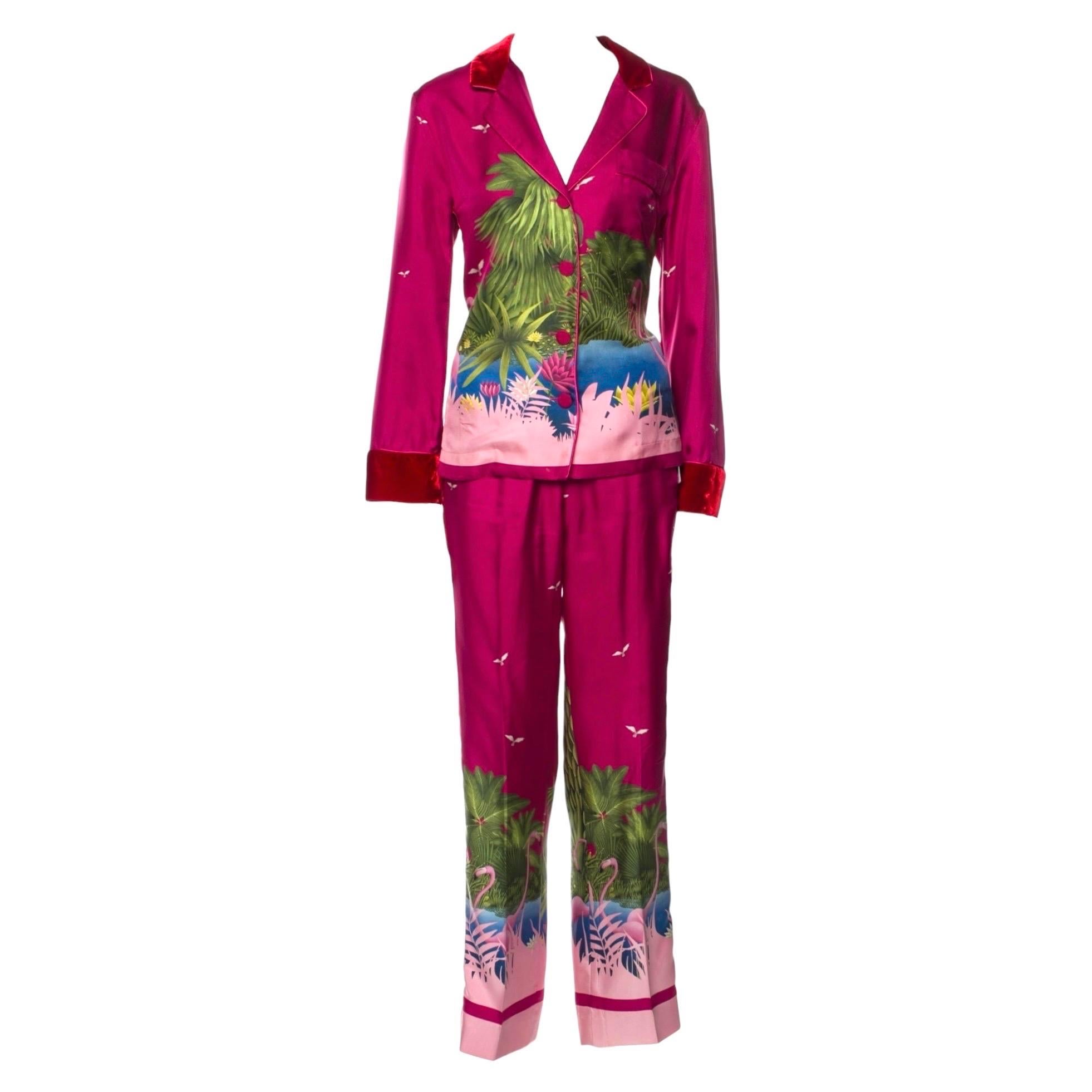 F.R.S FOR RESTLESS SLEEPERS FRS Tropical Flamingo Print Silk Resort Pants Suit S