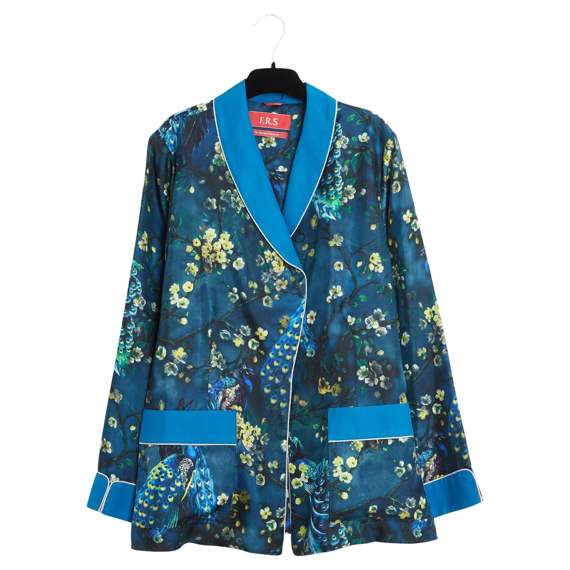 F.R.S. For Restless Sleepers Top Veste TU Sakura Print Chaqueta de seda azul marino OS FRS en venta